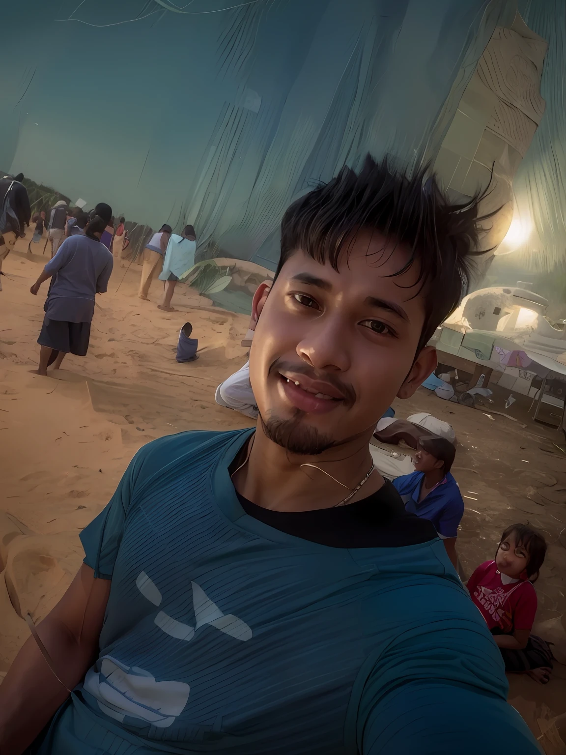 there is a young boy smiling and wearing a blue shirt, ayan nag, half onesided smile, with accurate face, riyahd cassiem, friedly smile, around 1 9 years old, with kind face, 18 years old, insane smile, with a beautifull smile, very very low quality picture, 1 6 years old, mohamed chahin