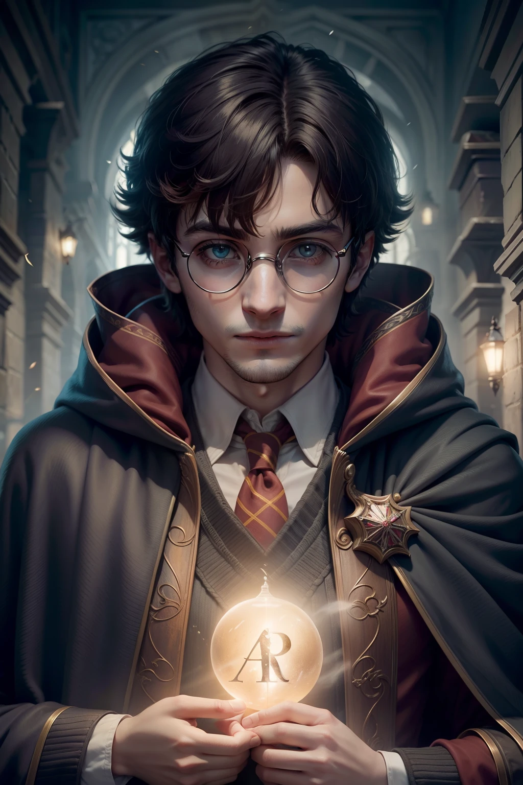 PERSONAGEM HARRY POTTER, FOTO FRONTAL , ALTAMENTE DETALHADO, cinematic lighthing, ALTA QUALIDADE