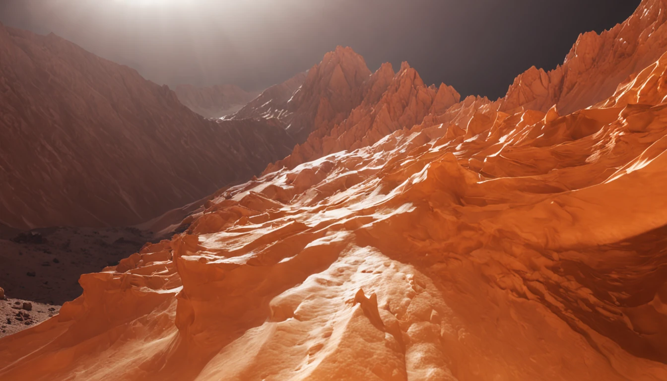 Orange area in the snow of the Mohe Canyon of Mars,Nuclear-powered radar early warning ship Black Gold Supercluster Gold Space Station 1:6 models,3D equidistance,Cyberpunk art of a,Rembrandt light,Detail portrayal,macro shot,Surface reflection,high definition detail,dingdall effect,Light and shadow intensification,The light shines,particle fx,3D modeling,Surface reflected light,detail-rich,The texture is delicate,Strong visual impact,hyper-detailing,A high resolution,high saturated,Ray traching,Light and shadow effects,16K smooth,A high resolution