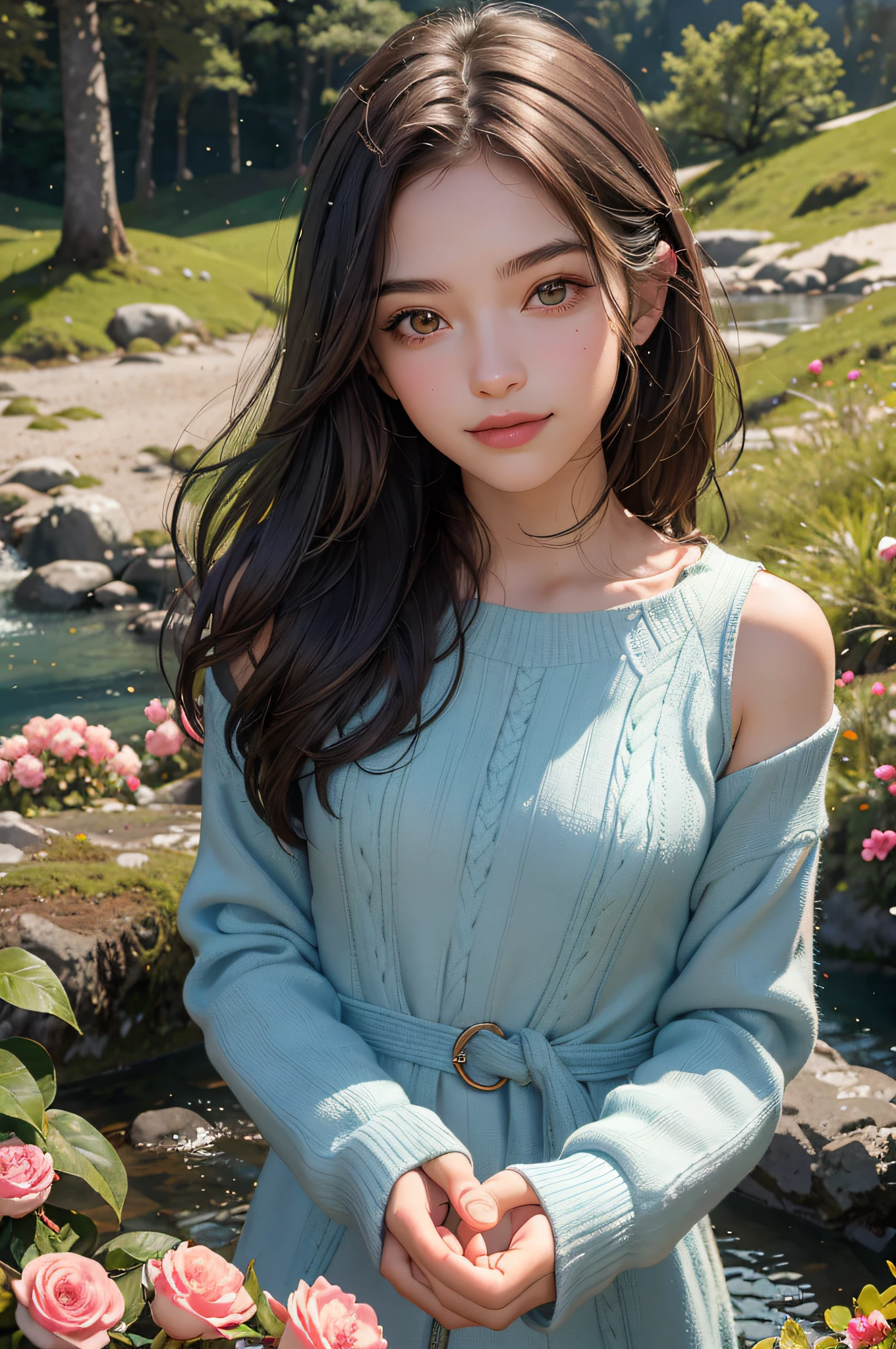 18-year-old beautiful girl,com um rosto quadrado,An affectionate smile,brunette color hair,cold light,closeup of face,mountain peaks,ln the forest,Hand pulled,small stream,grassy fields ,Stand next to the camellia,Hand pick a flower,A high resolution