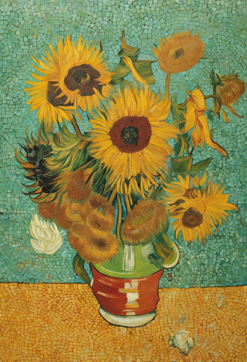 Van Gogh's Sunflower::style Pointillism style、It is made up of various large and small things、Clear dots of color、Highly detailed ::n_style Anime、Photorealsitic、Deformed、glitched、highcontrast、noisy ::seed 1