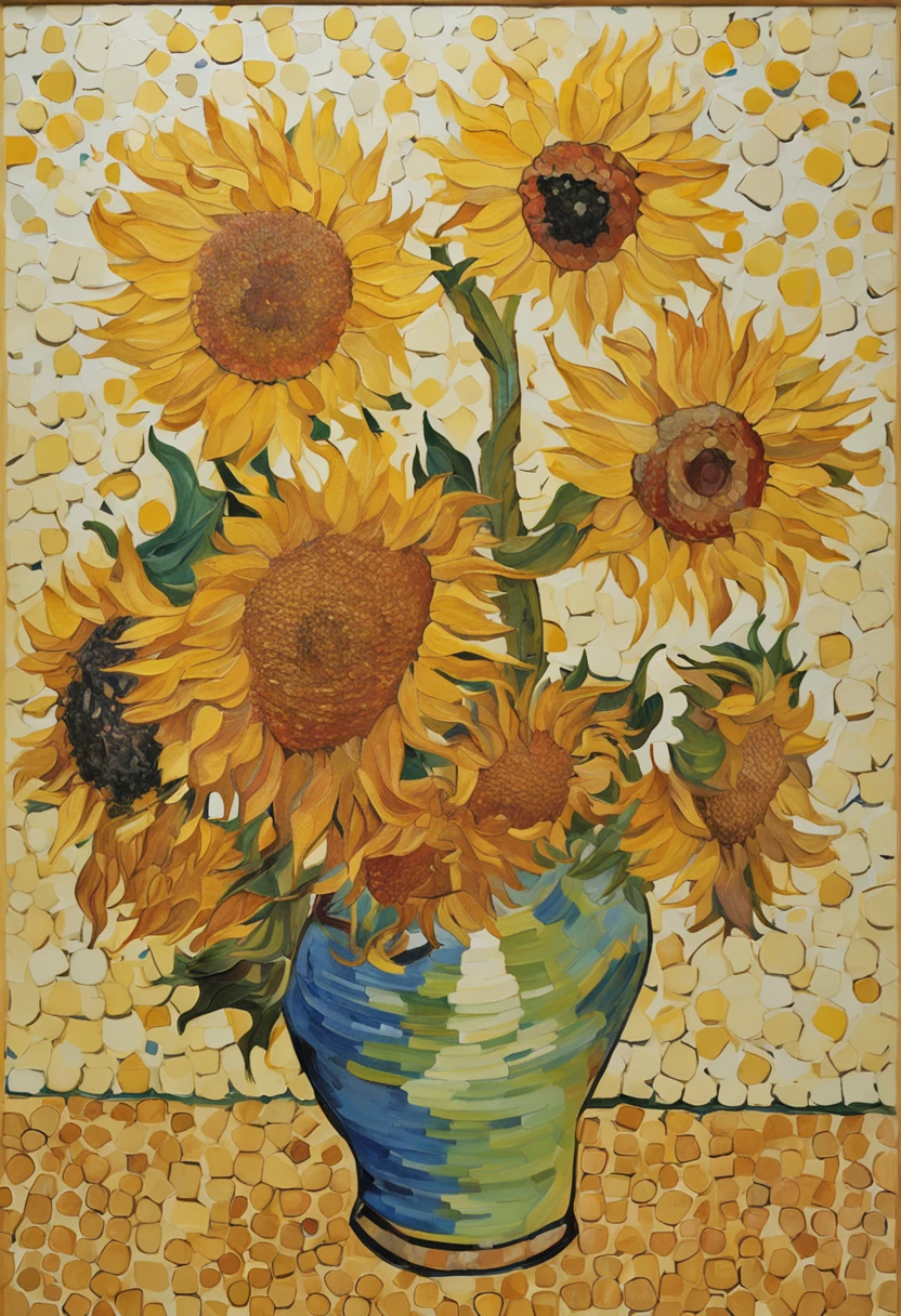Van Gogh's Sunflower::style Pointillism style、It is made up of various large and small things、Clear dots of color、Highly detailed ::n_style Anime、Photorealsitic、Deformed、glitched、highcontrast、noisy ::seed 1
