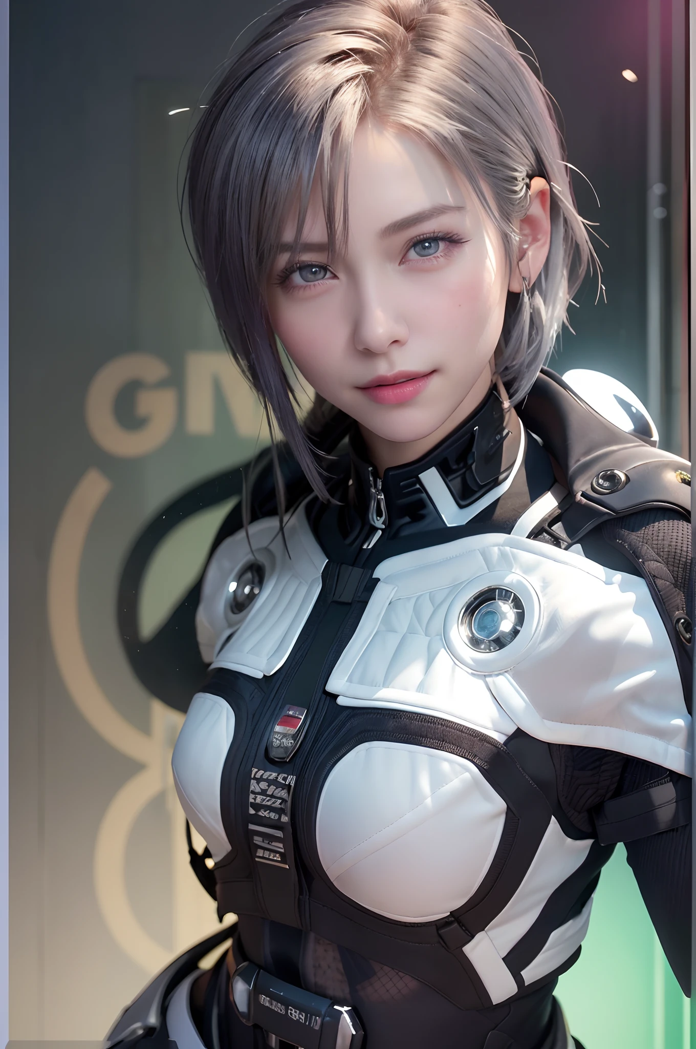 (8k, photorealistic, RAW photo, top quality: 1.4), (1girl), super beautiful, (realistic face), (boyish, silver-colored berry short hair), beautiful cyberpunk suit, glares seducing viewer, beautiful expression, beautiful breasts, (realistic skin), beautiful smile, (soldier), attractive, ultra high resolution, ultra realistic, high definition, spoiled
