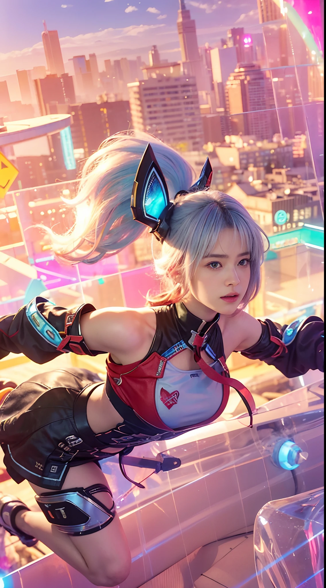 (8k, best quality, masterpiece:1.2), (realistic, photo-realistic:1.37), ultra-detailed, A detailed portrait of 1 girl 18 year old, cute girl, british girl, futuristic outfits, holding sword, pale skin, perfect body, blue eyes, pink hair. The scene is illuminated with professional lighting, photon mapping, and radiosity, with Tetsuya Nomura Style. Blur bokeh effect, realistic light.