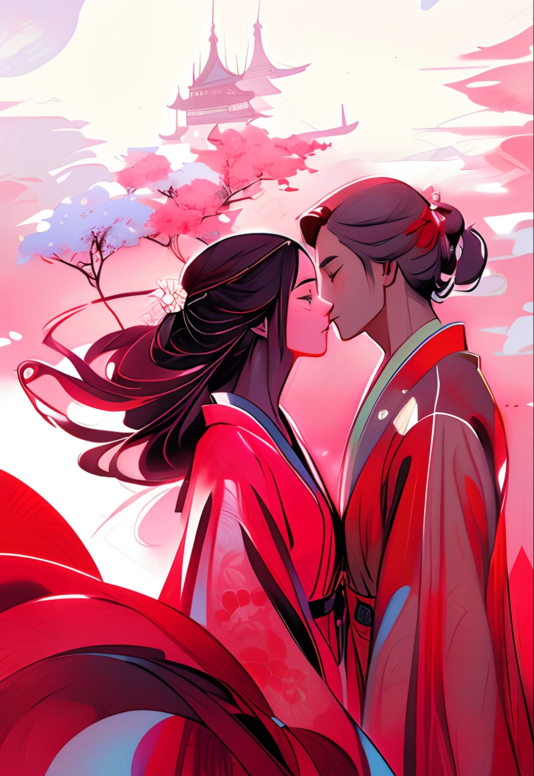 there is a woman and a man in a kimono, a beautiful artwork illustration, japanese art style, palace ， a girl in hanfu, artwork in the style of guweiz, beautiful digital illustration, exquisite digital illustration, trending on cgstation, digital art on pixiv, japanese style painting, japanese illustration, beautiful digital artwork, beautiful illustration, boy girl traditional romance