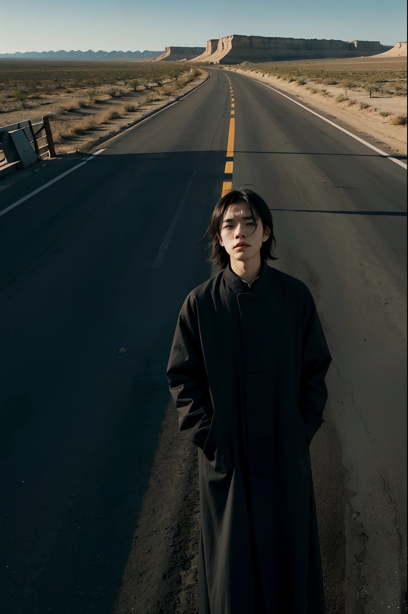 A lone,Depressive,A feeling of suffocation,emptiness,desolation,One guy,(Multi-scenario),Look into the distance,超高分辨率,Master masterpieces,super high precision,multi-perspective,The character is centered,Far perspective,Desert Highway,A daughter