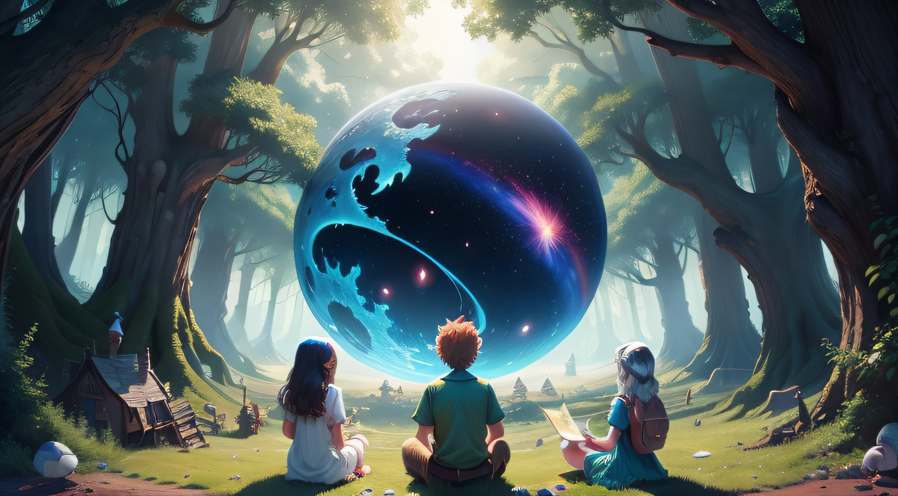 The cover is a burst of vibrant colors and enchanting scenes that captivate the eye and stir the imagination. The top half of the cover features a clear blue sky with fluffy white clouds, hinting at endless possibilities. Against this backdrop, a group of diverse children are depicted, sitting in a cozy circle under the shade of a massive, wise old tree.

In the foreground, the main characters of your stories come to life. A mischievous dragon with rainbow-hued scales playfully pokes its head out from behind the tree trunk, a symbol of the magic that awaits in the stories within. On the other side, a young explorer with a magnifying glass uncovers secrets hidden in the grass, while a friendly gnome peeks out from a mushroom home nearby.

Beside the children, a pile of opened storybooks and floating paper cutouts creates an illusion that stories are materializing from the pages and dancing in the air. The stories manifest as fantastical creatures like unicorns, fairies, and talking animals, enhancing the feeling of wonder and adventure.

In the bottom corner, the title "Whimsical Tales: Adventures of Imagination" is elegantly written in a playful yet readable font. Sparkling trails of stardust and fireflies trail from the title, adding a touch of magic to the cover. Beneath the title, your author name stands out in a warm and welcoming style.

Overall, the cover art conveys the sense that readers are about to embark on a captivating journey through diverse worlds and imaginative stories, sparking their own creativity and sense of wonder.