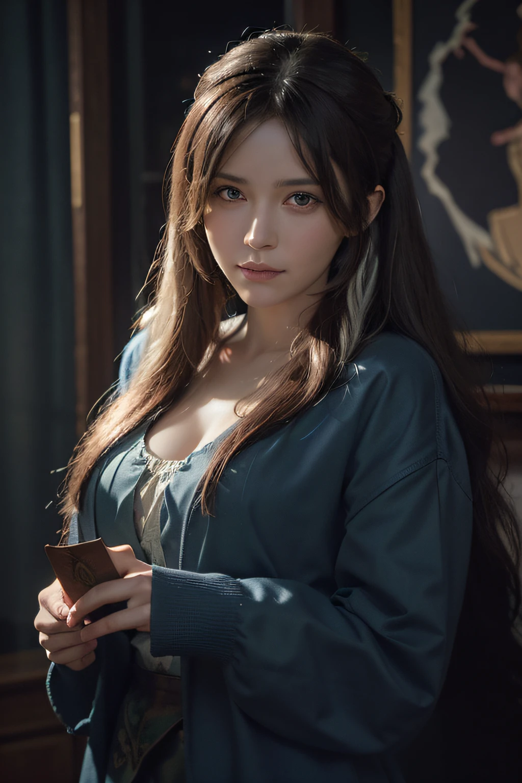 Hyperrealist portrait of female by david hockney and alphonse mucha,fantasy art, photo realistic, dynamic lighting, artstation, poster, volumetric lighting, very detailed faces, 4 k, award winning,, 1girl, in the dark, deep shadow, low key,cowboy shot,(official clothing:1.4) ,long hair,white hair,