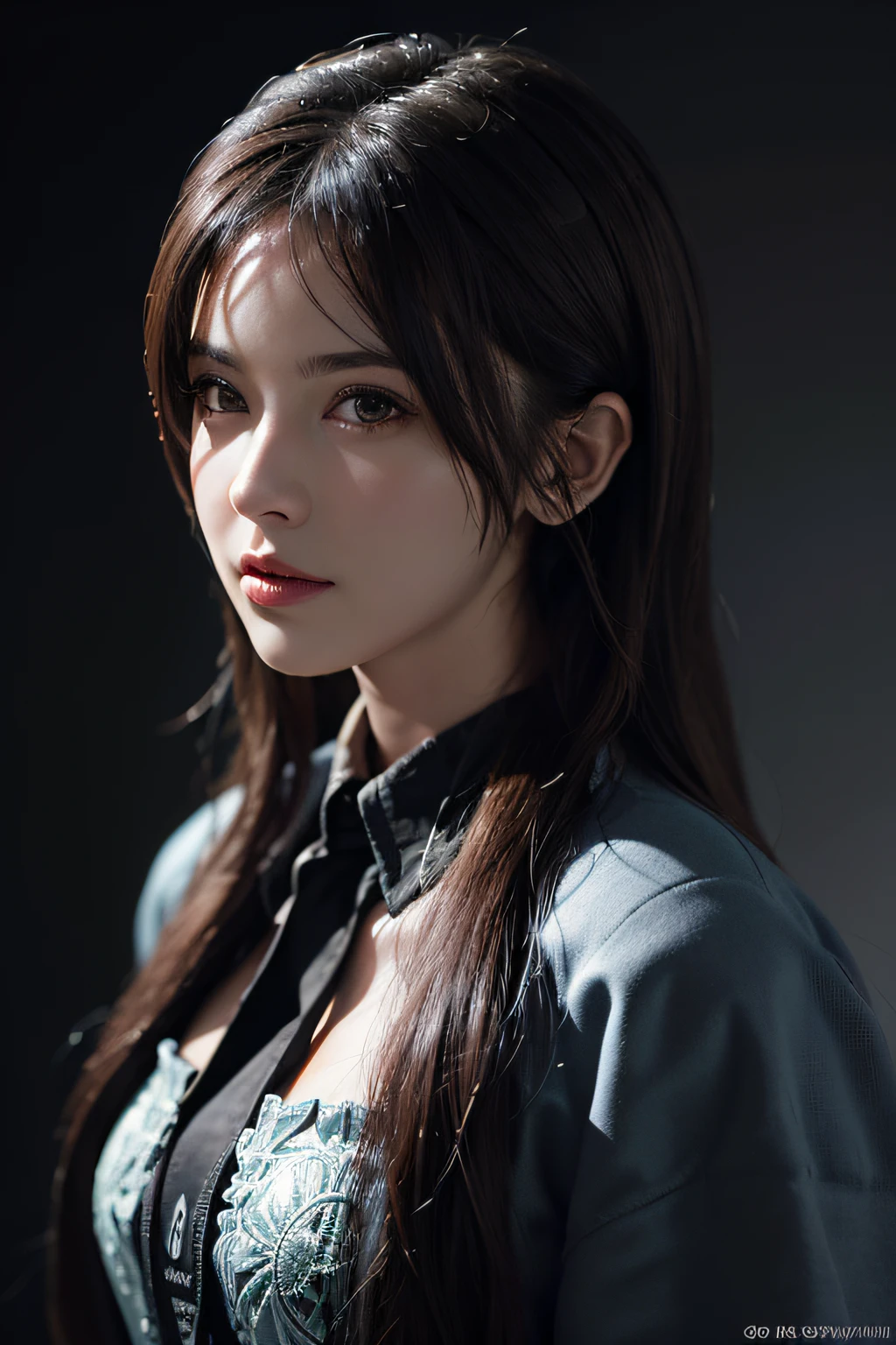 Hyperrealist portrait of female by david hockney and alphonse mucha,fantasy art, photo realistic, dynamic lighting, artstation, poster, volumetric lighting, very detailed faces, 4 k, award winning,, 1girl, in the dark, deep shadow, low key,cowboy shot,(official clothing:1.4) ,long hair,white hair,
