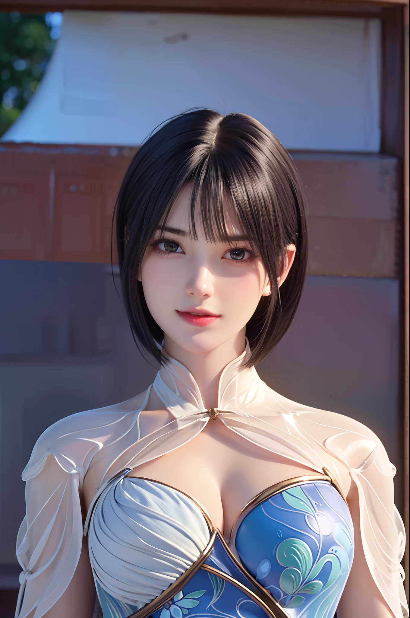 hyper HD, retinas, Masterpiece, ccurate, Anatomically correct, Textured skin, Super detail, High details, High quality, Best quality, A high resolution, 8K, ( Photorealistic ), Symmetrical, ( Bokeh photos ), Cinematic light, model, 1girll, 1 side, in beach, Sunlight, { Daytime | }, { a variety of poses | }, { standing | } the extremely tense and dramatic pictures, the moving visual effects, { Bob cut | halfupdo }, ( highly detail face:1.2 ), Green eyes, { Smile | Serious }, { white sundress | },C cup,The upper part of the body