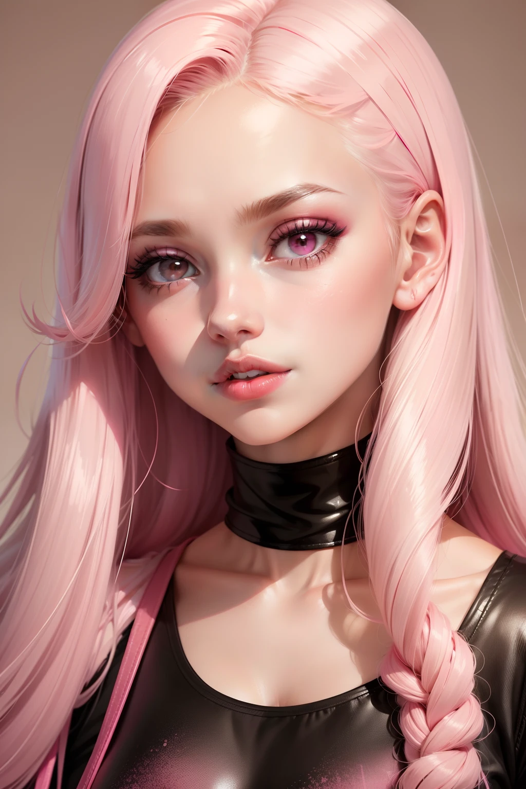A girl, on a sponged beige background, using bright pink lipstick to paint her bright pink lips, looking cool, all monochrome except the lipstick, lips and background