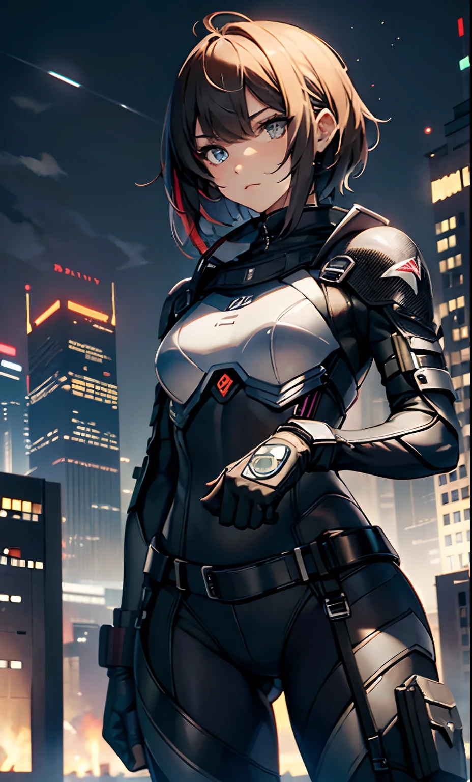 best qualityer,tmasterpiece,Ultimate resolution,downy,Extremely colorful,Colorful,Women combatants,a matural female,Black super short hair,holding gun,Tight combat suit,tightsuit,Steel City background,the night,Normal posture,Normal posture。