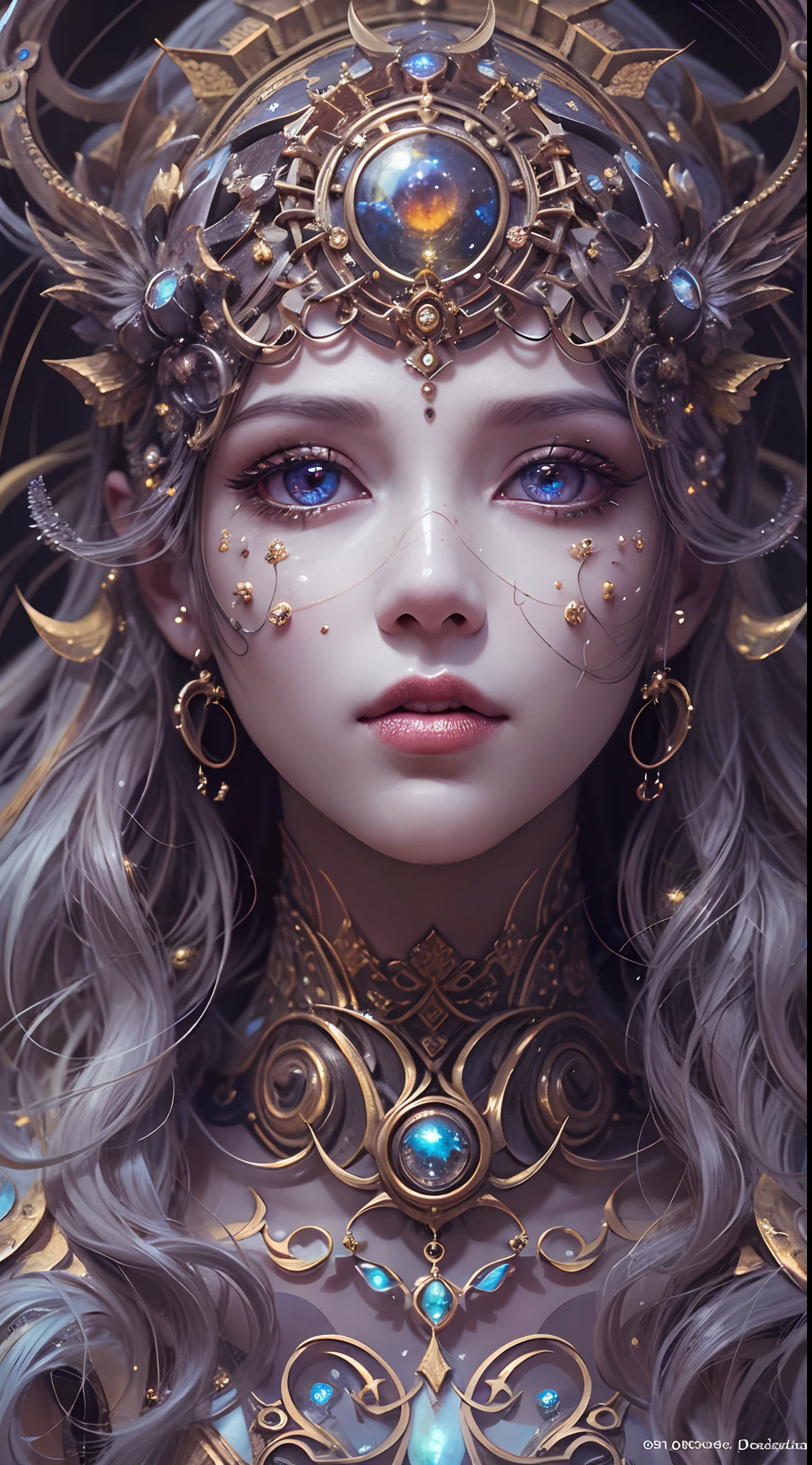 (best qualtiy,ultra - detailed,Most Best Illustration,Best shadow,tmasterpiece,A high resolution,professionalartwork,famousartwork),Detailed eyes,beautidful eyes,closeup cleavage,sci-fy,colored sclera,Robot eyes,face markings,Tattooed,(fractalized,fractal eyes),largeeyes,Wide eyes,(Eye focus),sface focus,the eye of the universe,the eye of the universe,Close up of metal sculpture of woman with moon in her hair,goddes。Extremely high detail,3 d goddess portrait,Highly detailed footage of the goddess,a stunning portrait of a goddess,Side image of the goddess,portrait of a beautiful goddess,Full body close-up of the goddess,hecate goddess,portrait of a norse moon goddess,goddess of space and time
