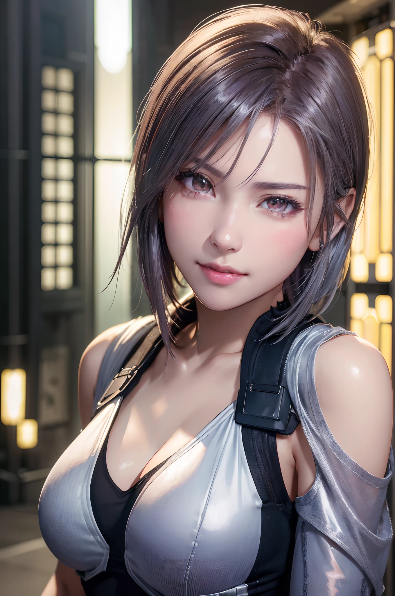 (8k, photorealistic, RAW photo, top quality: 1.4), (1girl), super beautiful, (realistic face), (boyish, silver-colored berry short hair), beautiful cyberpunk suit, glares seducing viewer, beautiful expression, beautiful breasts, (realistic skin), beautiful smile, (soldier), attractive, ultra high resolution, ultra realistic, high definition, spoiled