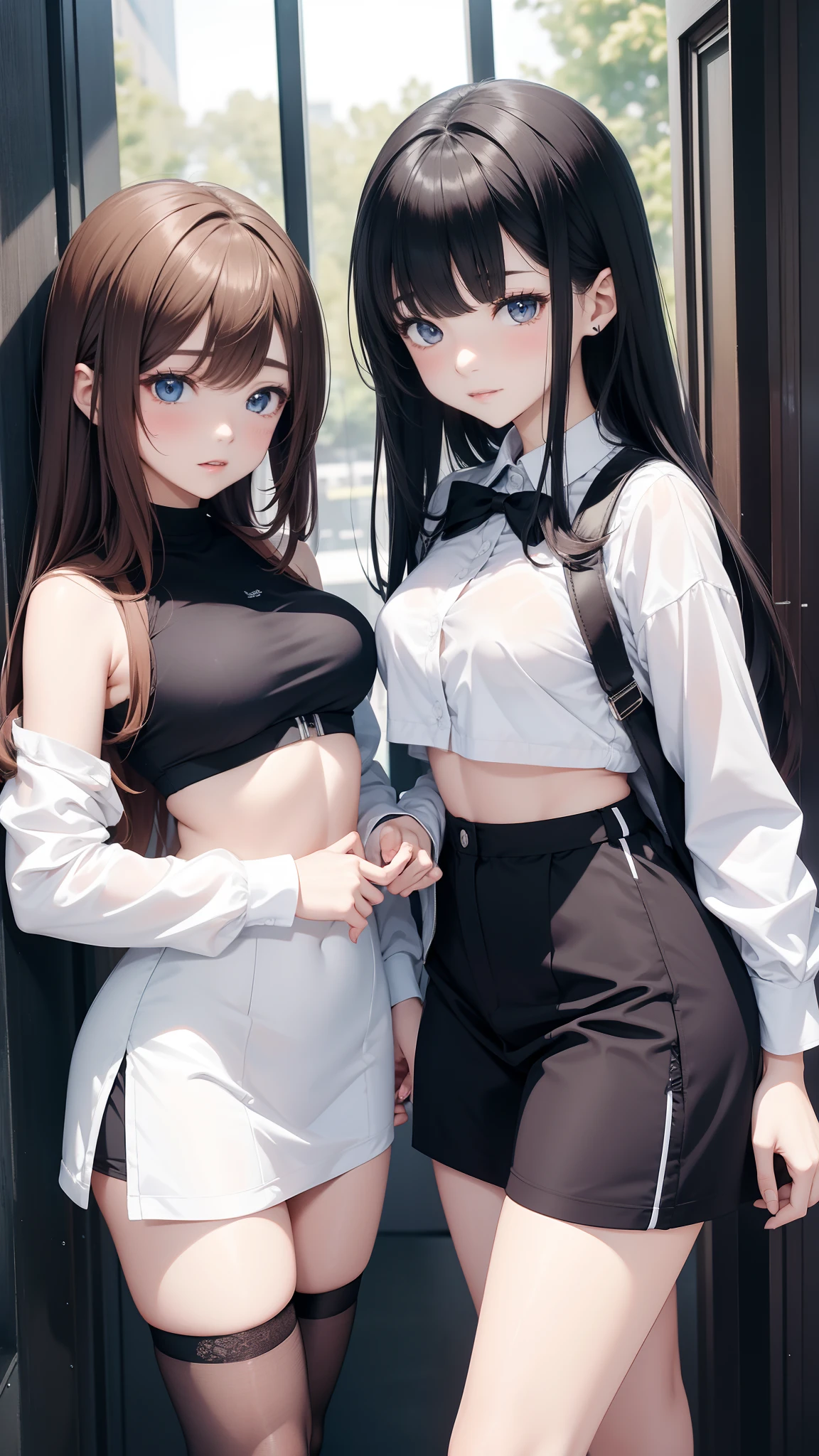 Ultra high quality，tmasterpiece，delicated，（（（2girls）））Casual wear，mediuml breasts，（Leaky thighs）