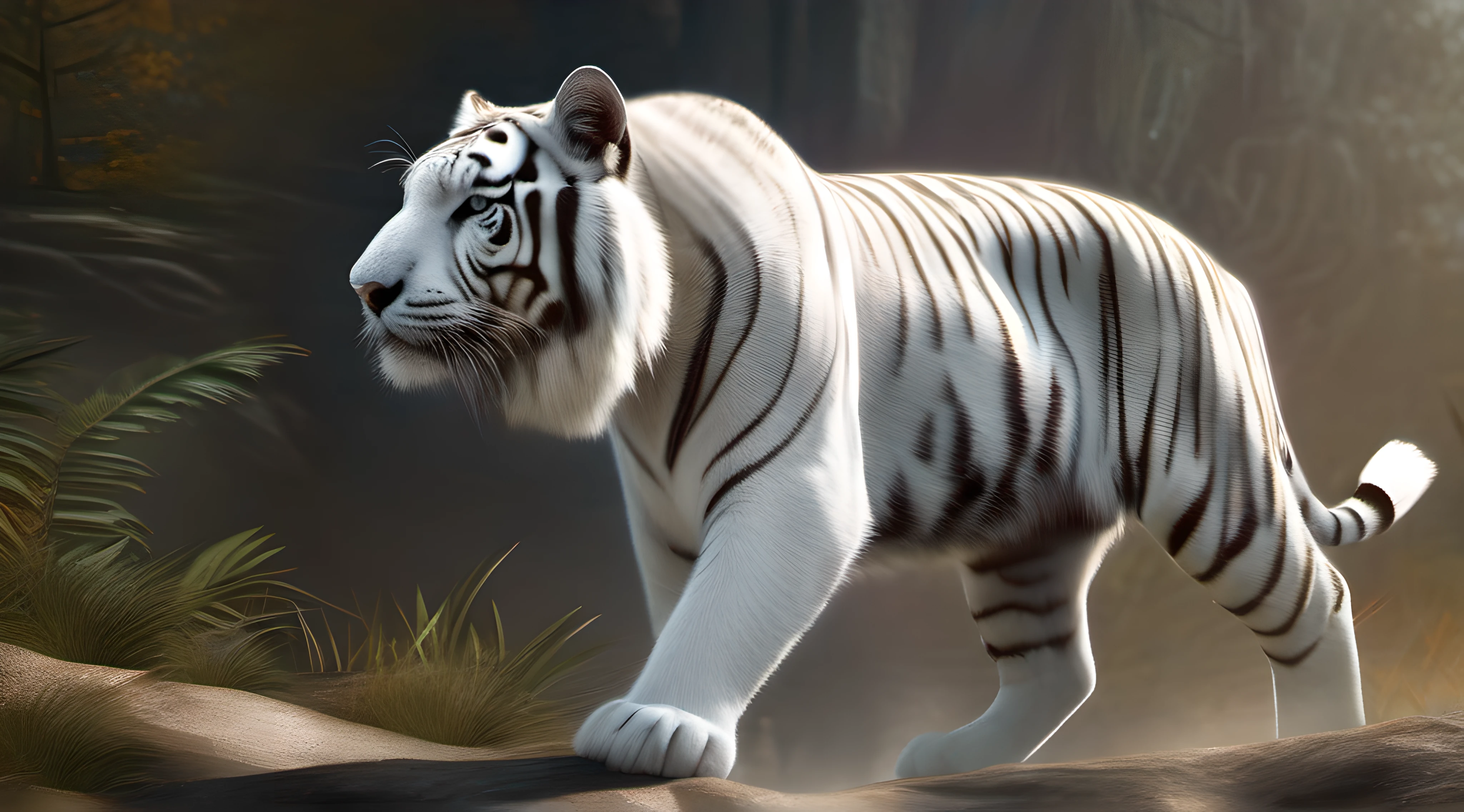 A white tiger 8K looks at the camera, This tiger looks powerful, He looked like he was going up the hill, He has a very nice mane, delicate textures, Strong muscle lines Very beautiful eyes