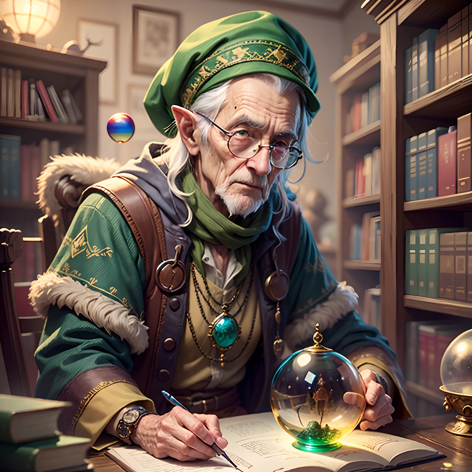 A Dungeons wizard & Dragons, elderly, green hat, magic library, crystal ball, 8K