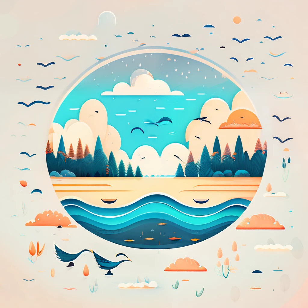 Lake surface,lake scene,The water is rippling,Birds cheerfully welcome the arrival of warm rain,T-shirt design,Nature views, Minimalist illustration, Line illustration, Colorful。circular composition,symmetrical fantasy landscape,in style of digital illustration,2D illustration
