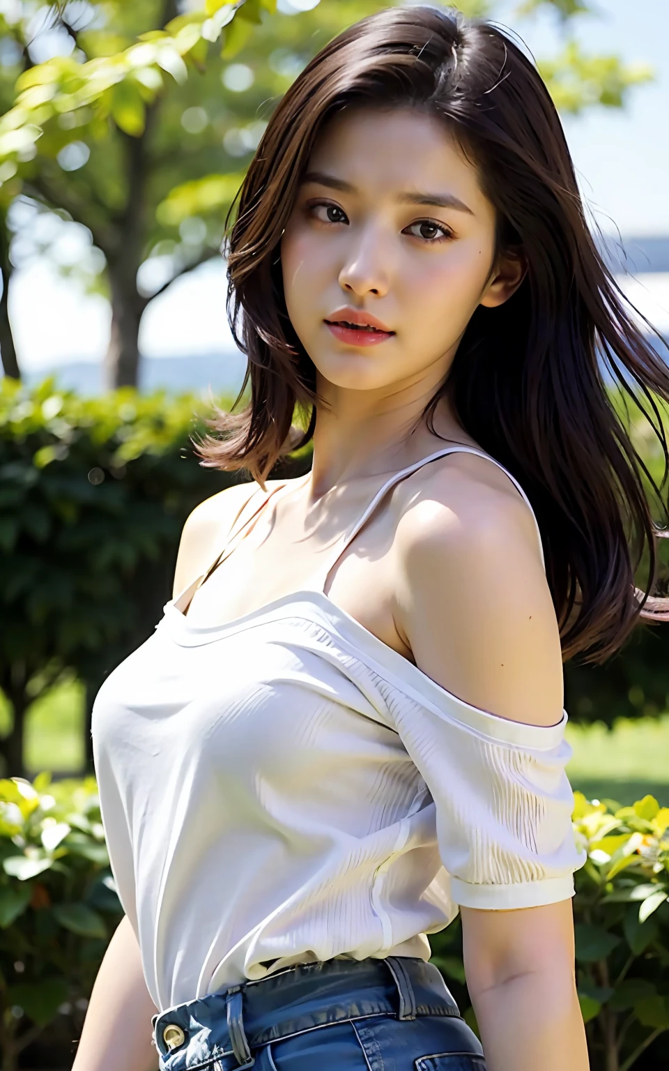 (Raw photo, Best Quality), (Realistic, Photorealsitic:1.3), masutepiece, Extremely delicate and beautiful, Soft light, (Brown hair, Shoulder-length straight hair swaying in the wind), Beautiful detailed girl, (Detailed fingers), extremely detailed eye and face, beautiful detailed nose, Beautiful detailed eyes, 1 girl, Japanese, Neat and clean beauty, Cute, 年轻, dress shirts, Pants, (Half body:1.3), (medium breasts), Realistic face, Realistic body,