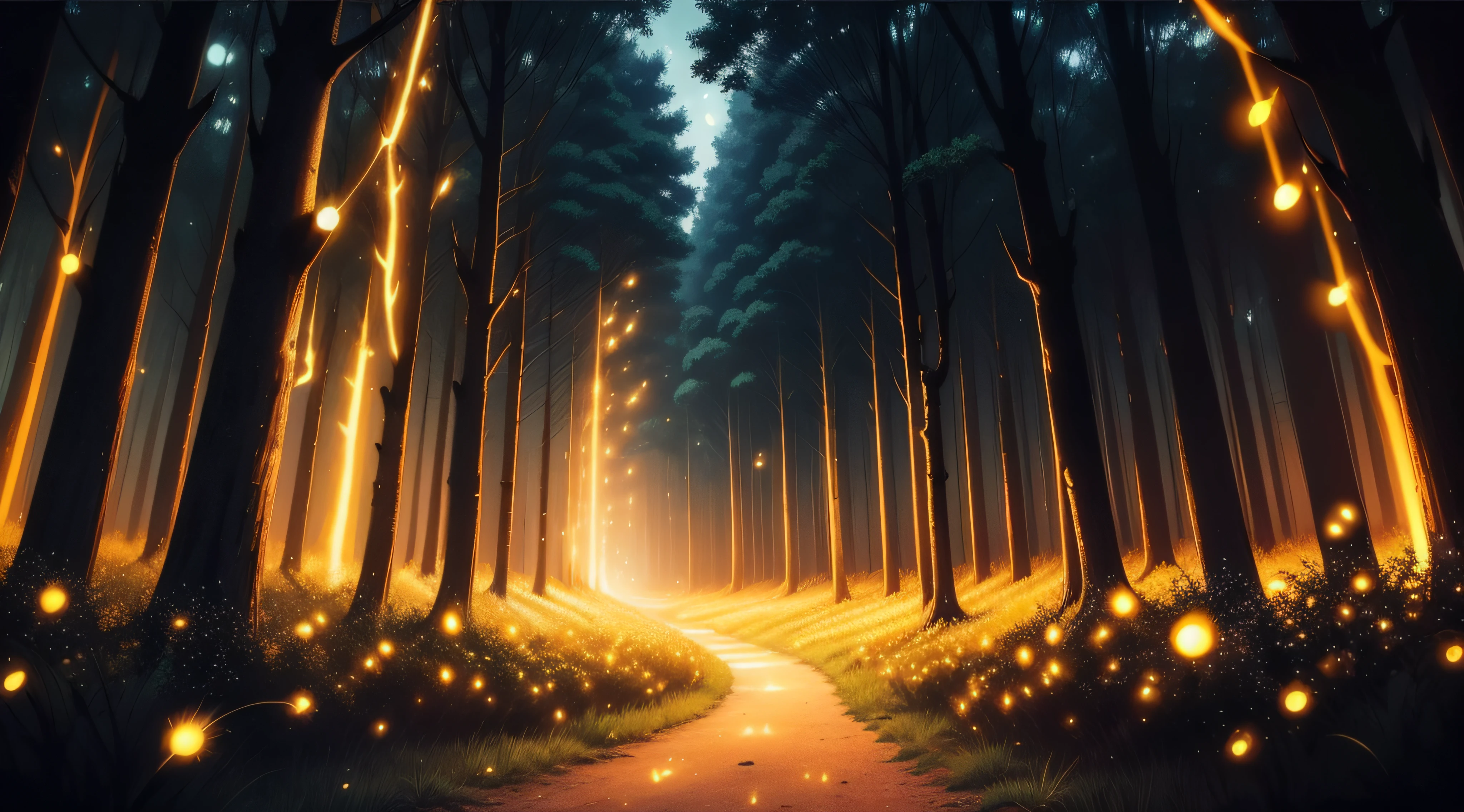 swarms of fireflies in forest, blinks and spakles, no people