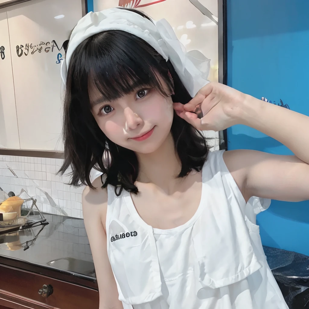 a smile、Beautiful girl with dark eyes and black hair Japan wearing white tank top,The bikini、beach
