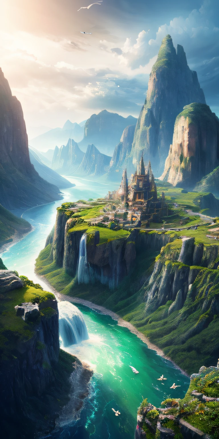 Masterpiece, best quality, high quality, extremely detailed CG unity 8k wallpaper, landscape, outdoor, sky, cloud, sky, no humans, mountain, landscape, water, tree, blue sky, waterfall, cliff, nature, lake, river , cloudy skies, award winning photography, bokeh, depth of field, HDR, bloom, chromatic aberration, photorealism, very detailed, trending on artstation, trending on CGsociety, intricate, high detail, dramatic, midjourney art