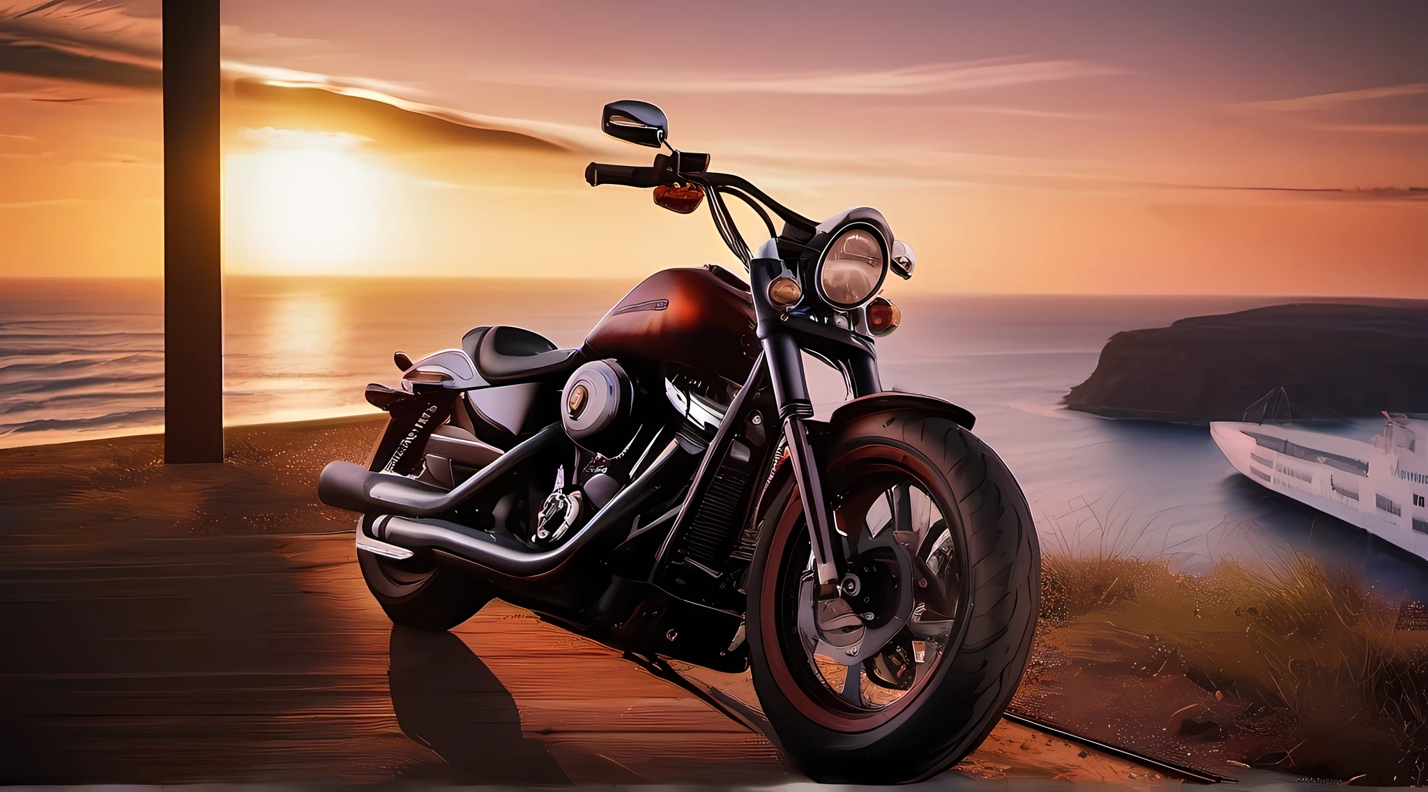 moto harley davidson, trilha na montanha, sun sunset, maritime horizon, detalhes intrincados, highes definition, 8k