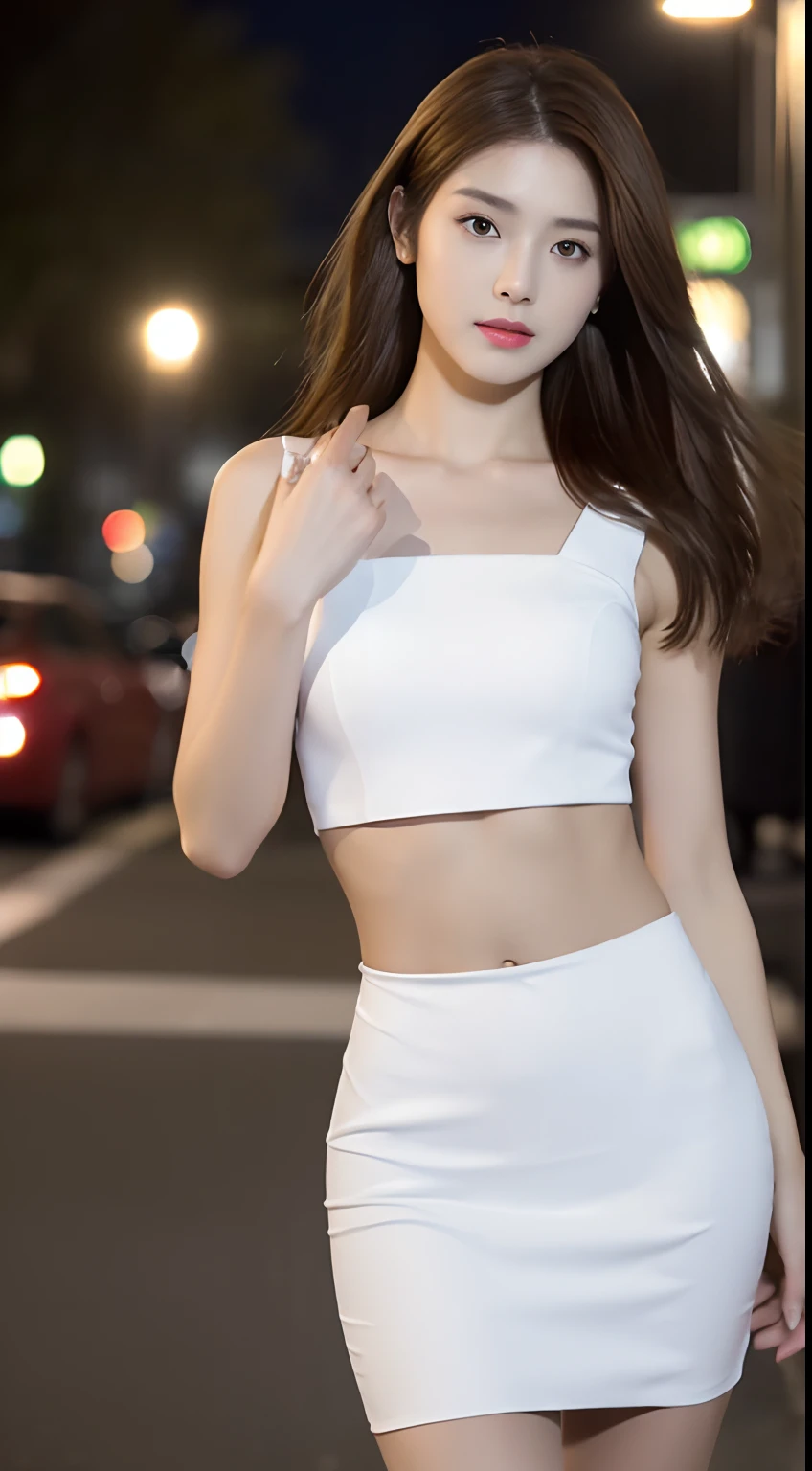 ((Realistic lighting, Best quality, 8K, Masterpiece: 1.3)), Focus: 1.2, 1girl, Perfect Figure: 1.4, Slim Abs: 1.1, ((Dark brown hair)), (White dress: 1.4), (Outdoor, Night: 1.1), City streets, Super fine face, Fine eyes, Double eyelids,