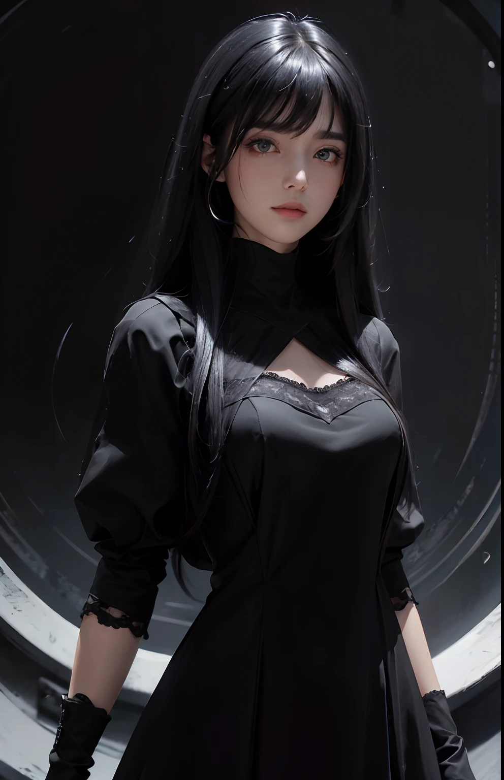 (Ultra Realistic), (Illustration), (Increased Resolution), (8K), (Extremely Detailed), (Best Illustration), (Beautiful and Detailed Eyes), (Best Quality), (Ultra Detailed), (Masterpiece ), ( wallpaper), (detailed face), solo, 1 girl, looking at viewer, fine details, detailed face, in the dark, deep shadows, low key, pureerosfaceace_v1, smiling, long hair, black shawl straight hair , 46 points oblique bangs, masterpiece, best quality, 35mm, 8k, absurdres, beautiful girl, (upper body, dark grey background:1.4), (black classical dress, black hair:1.6), slender, dark studio, rim lighting, ultra realistic, highres, photography, film grain, chromatic aberration, depth of field, sharp focus, HDR, facelight, dynamic lighting, cinematic lighting, professional shadow, dark shadow, highest detailed, extreme detailed, ultra detailed, finely detail, real skin, delicate facial features, detailed face and eyes, sharp pupils, realistic pupils, long black hair with bangs, black hair top, white hair undercolor, Split Hair Two Tone , Split Hair Two Tone black and white color hair,black hair, white hair, mix hair color,green eyes, white hair emerald eyes. white hair. black hair. white and black mix hair. white hair, white highlight hair.
