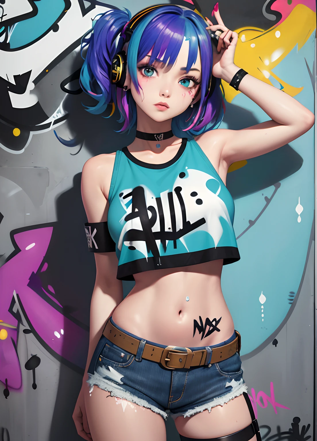 masterpiece, best quality, 1girl, solo, crop top, denim shorts, choker, (graffiti:1.5), paint splatter, arms behind back, against wall, looking at viewer, armband, thigh strap, paint on body, head tilt, bored, multicolored hair, aqua eyes, headset,