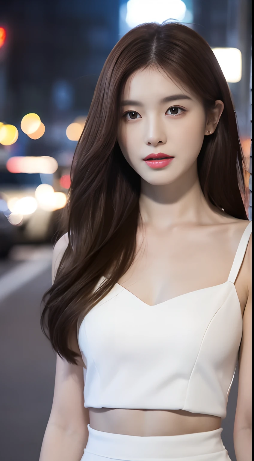 ((Realistic lighting, Best quality, 8K, Masterpiece: 1.3)), Focus: 1.2, 1girl, Perfect Figure: 1.4, Slim Abs: 1.1, ((Dark brown hair)), (White dress: 1.4), (Outdoor, Night: 1.1), City streets, Super fine face, Fine eyes, Double eyelids,