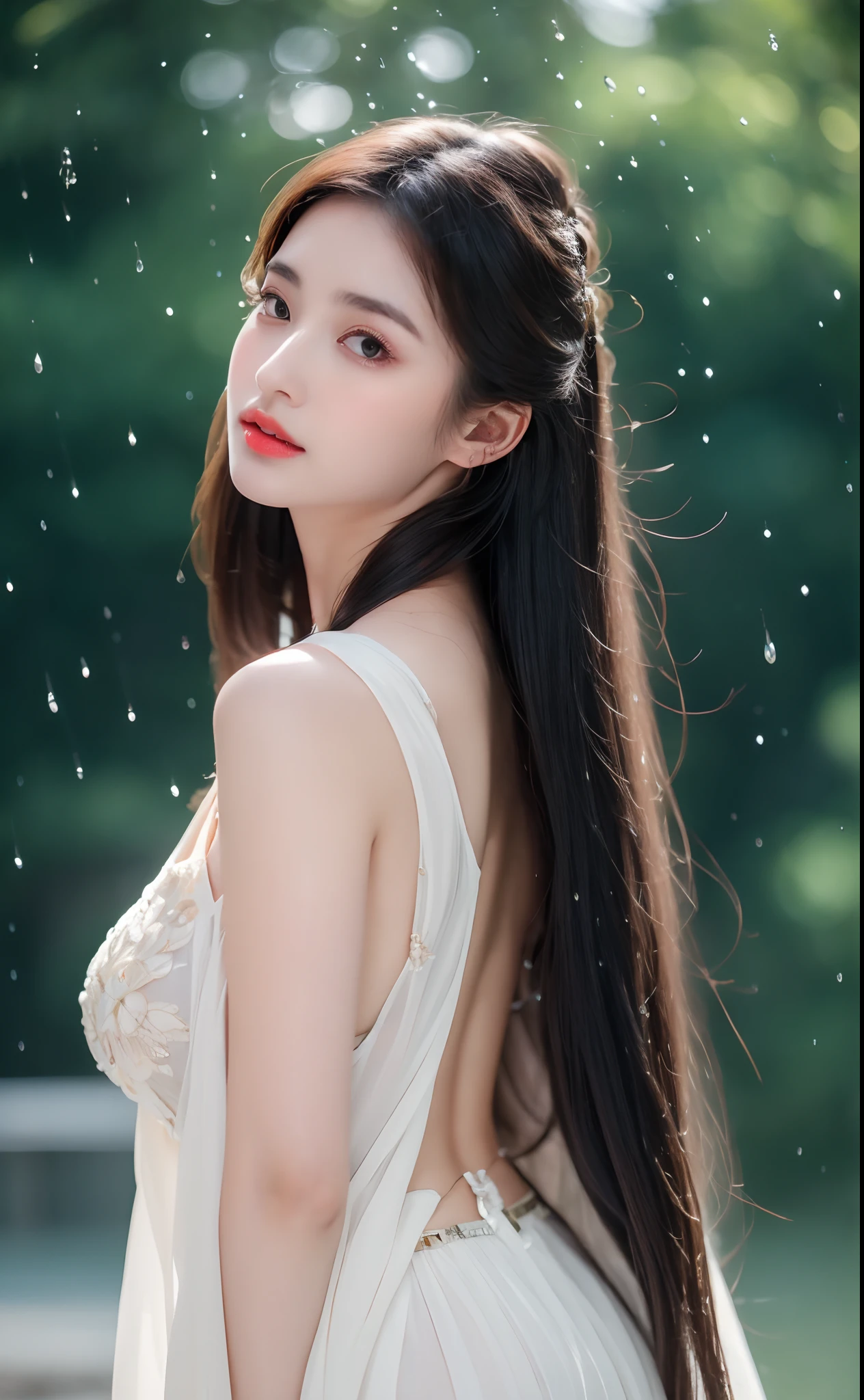 ((Best Quality, 8k, Masterpiece: 1.3)), Focus: 1.2, Perfect Body Beauty: 1.4, Buttocks: 1.2, ((Layered Haircut)), (Wet Clothes: 1.1), (Rain, Street:1.3), (Breasts: 1.2), (Hanfu: 1.2), Bare Shoulders, Bare Legs, Highly Detailed Face and Skin Texture, Fine Eyes, Double Eyelids, Whitened Skin, Long Hair, (Shut Up: 1.5), (Bokeh Background: 1.5), Big Breasts