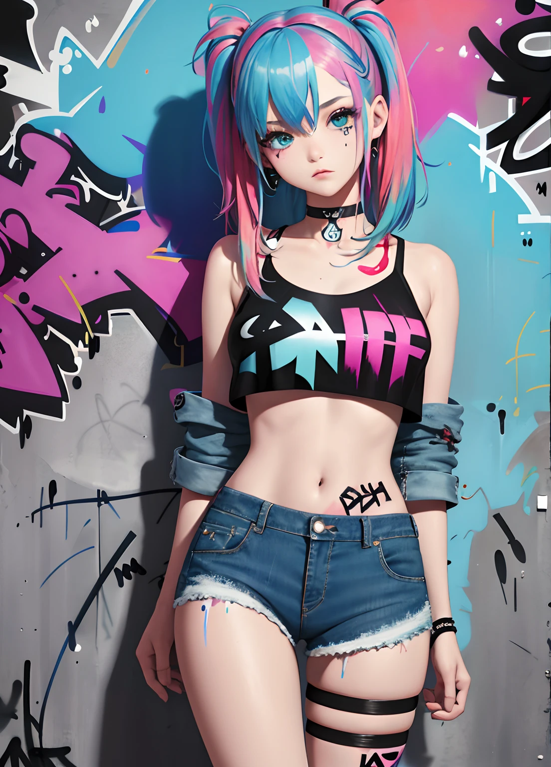 masterpiece, best quality, 25 years old beautiful woman, long hair, (mature face:1.4), 1woman, solo, crop top, tongues underwear, choker, (from behind:1.4), plumb ass, thick thighs, thin waist, (graffiti:1.5), paint splatter, arms behind back, against wall, looking at viewer, armband, thigh strap, paint on body, head tilt, bored, multicolored hair (pink, blue), aqua eyes, headset
