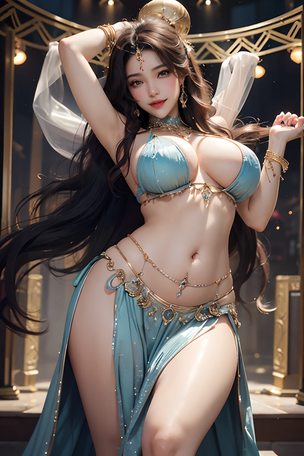 masutepiece, Best Quality, ultra-detailliert, 1womanl, 35 years old, inely detailed beautiful eyes, (((Glamour body))), (((Huge breasts))), {{{{Vulgarity}}}}, Seductive smile, ((Erotic Belly Dancer)), ((Elo Belly Dance)), 细致Background with, Background with: (nightclubs:1.3)