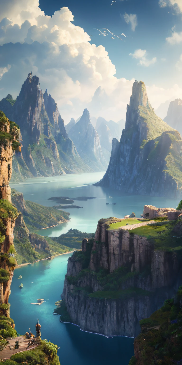 Masterpiece, best quality, high quality, extremely detailed CG unity 8k wallpaper, landscape, outdoor, sky, cloud, sky, no humans, mountain, landscape, water, tree, blue sky, waterfall, cliff, nature, lake, river , cloudy skies, award winning photography, bokeh, depth of field, HDR, bloom, chromatic aberration, photorealism, very detailed, trending on artstation, trending on CGsociety, intricate, high detail, dramatic, midjourney art