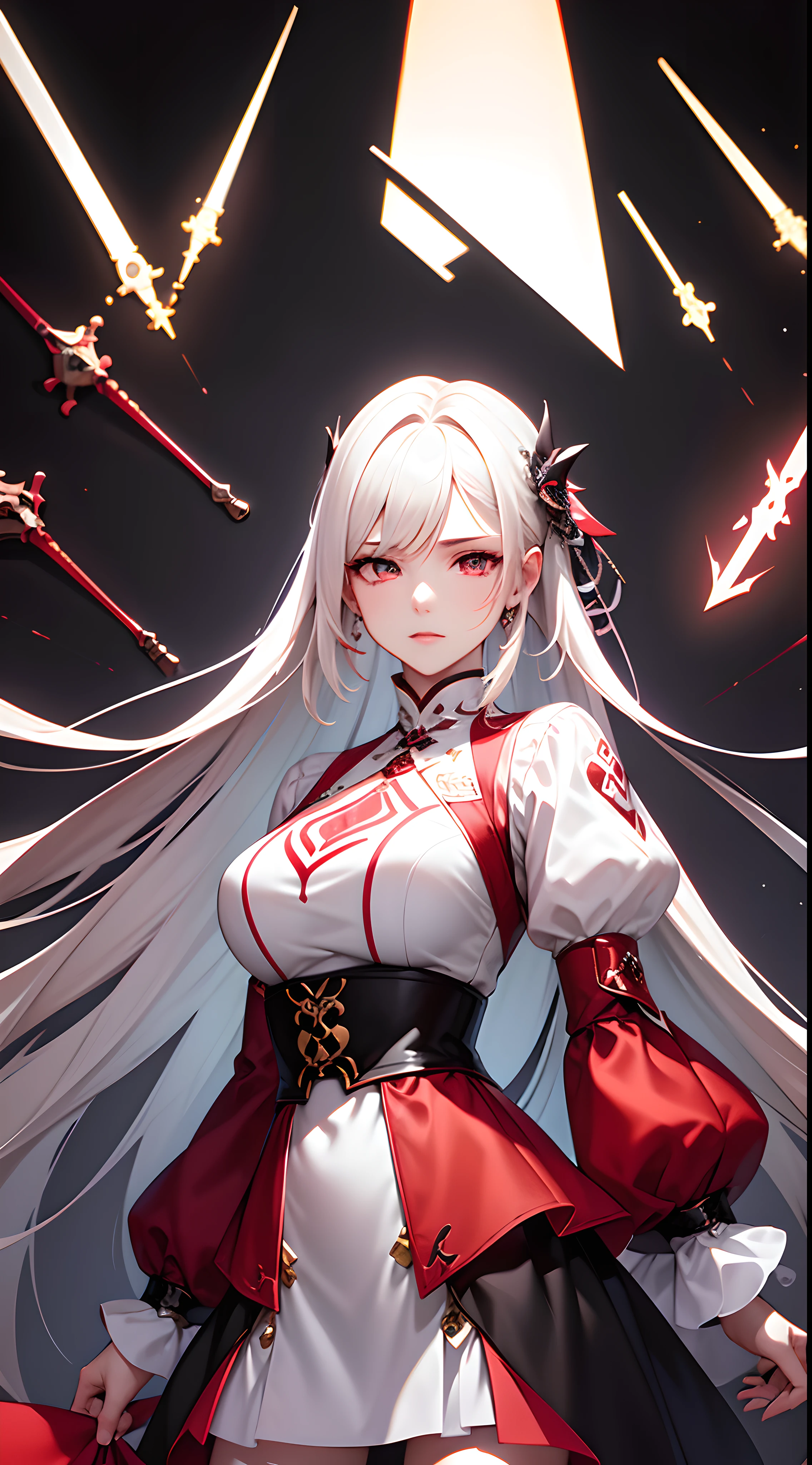8K分辨率,Highest image quality,tmasterpiece,Master composition,Rich artistic conception,Long flowing white hair,despise,Black and red dress,Domineering,Glowing longsword,hight contrast,cyber punk perssonage