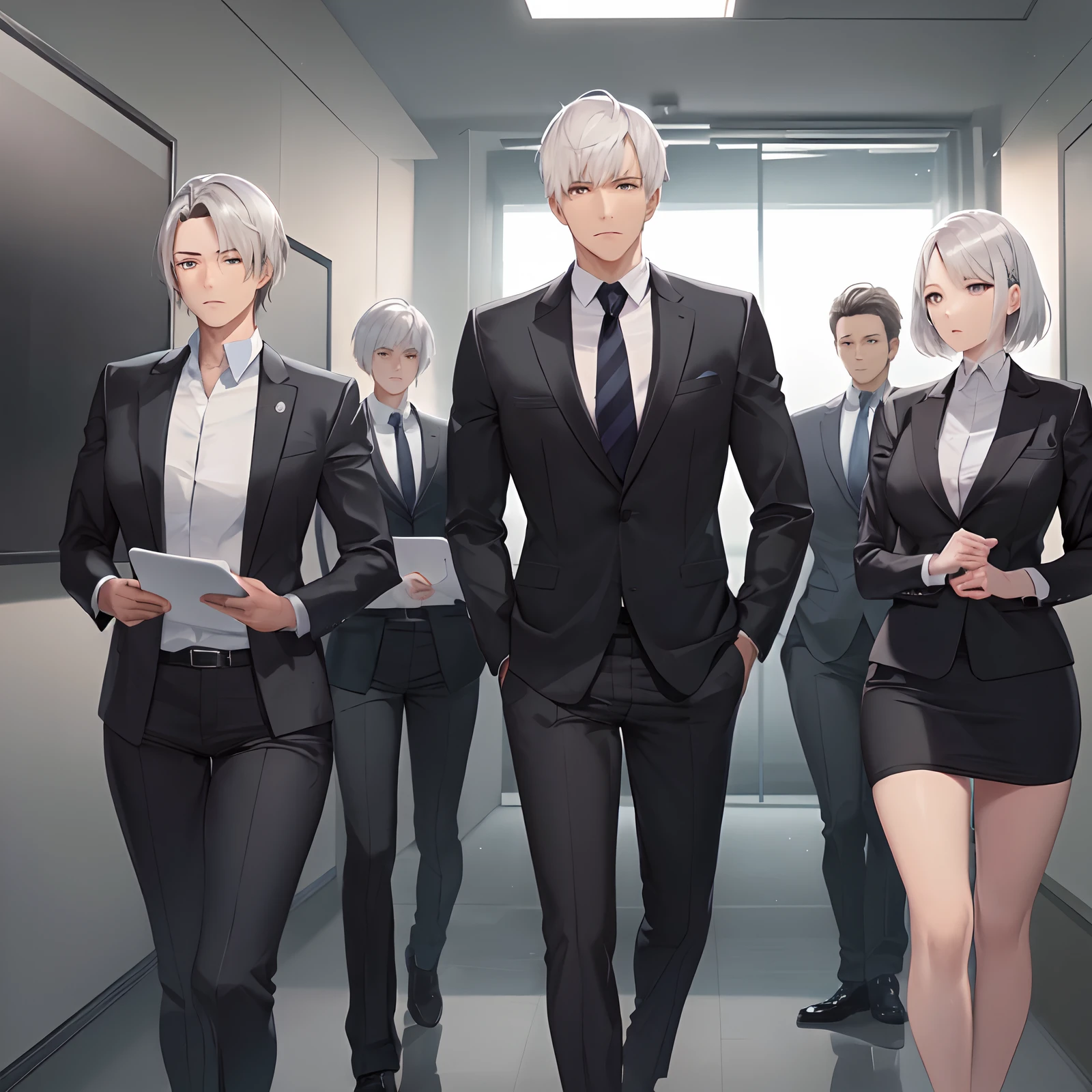 Group of short silver-haired male boss and meeting room employees,masutepiece,4K,Ultra Detail