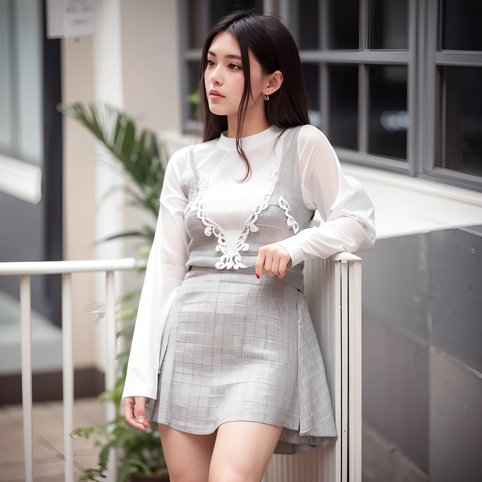 Beautiful girl in a white shirt and a gray skirt, dressed with long fluent clothes, full body cute young lady, garis edelweiss, wearing an elegant outfit, in a dress, wearing beautiful clothes, monochrome, girl in a dress, casual modern clothing, wearing off - white style, infp young woman, woman in dress, cindy avelino, simple dress, human