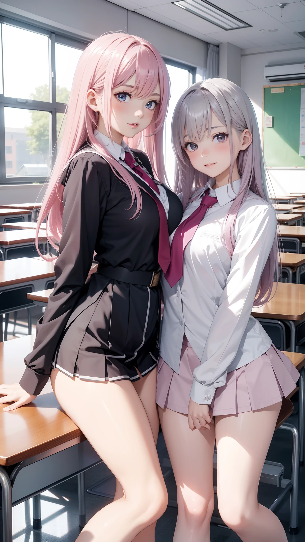 Ultra high quality,tmasterpiece,delicated,(((2girls))),mediuml breasts,(Leaky thighs)Silvery hair,A pink-haired,Teacher clothing,Student clothing,Classroom scene
