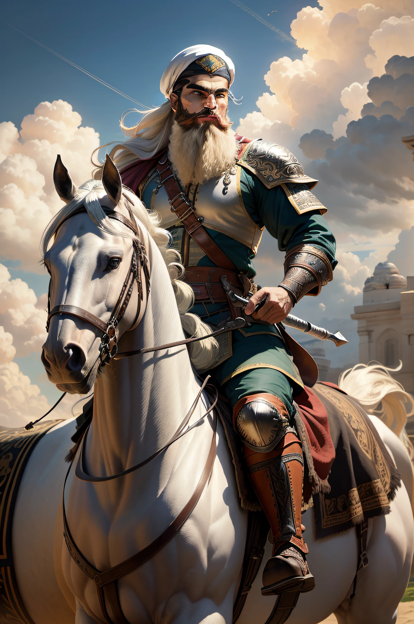 Strong, bearded muslim warrior man, a little long hair in horsetail style, riding a white horse in the clouds, in the sky, handsome man, realistic, detailed, details, settings