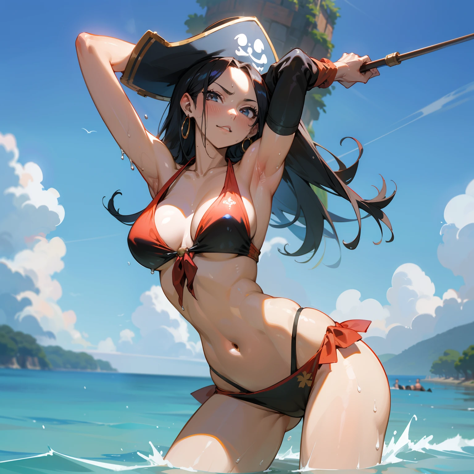 Boa Hancock aus der Serie One Piece, nur ein Bikini an , sexy Pose, 8K ,Meisterwerk, hight resolution, wet body, das Gesicht exakt wie Boa Hancock, eine Schlange im Hintergrund, ein Piratenschiff im Hintergrund
