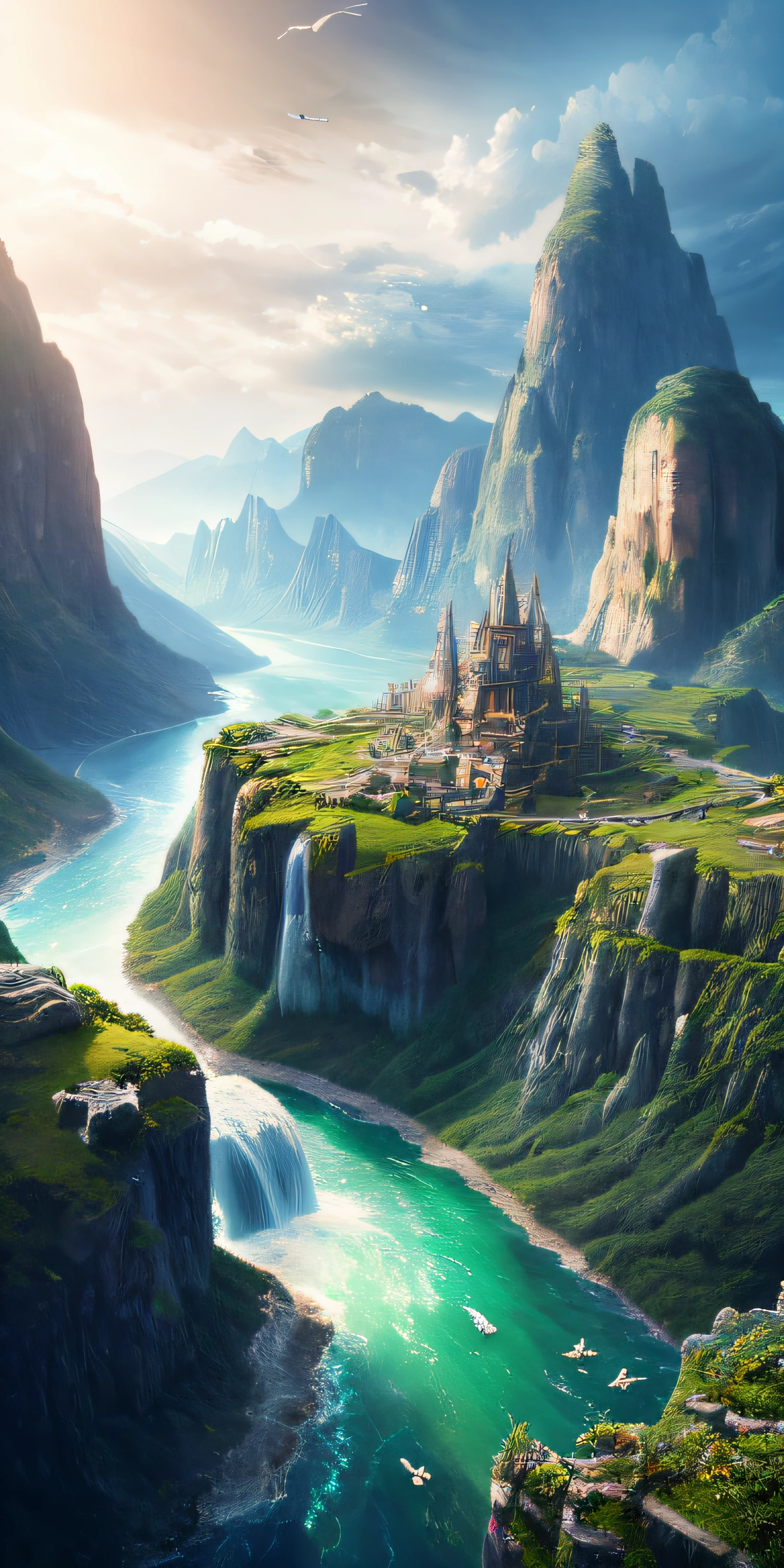 Masterpiece, best quality, high quality, extremely detailed CG unity 8k wallpaper, landscape, outdoor, sky, cloud, sky, no humans, mountain, landscape, water, tree, blue sky, waterfall, cliff, nature, lake, river , cloudy skies, award winning photography, bokeh, depth of field, HDR, bloom, chromatic aberration, photorealism, very detailed, trending on artstation, trending on CGsociety, intricate, high detail, dramatic, midjourney art