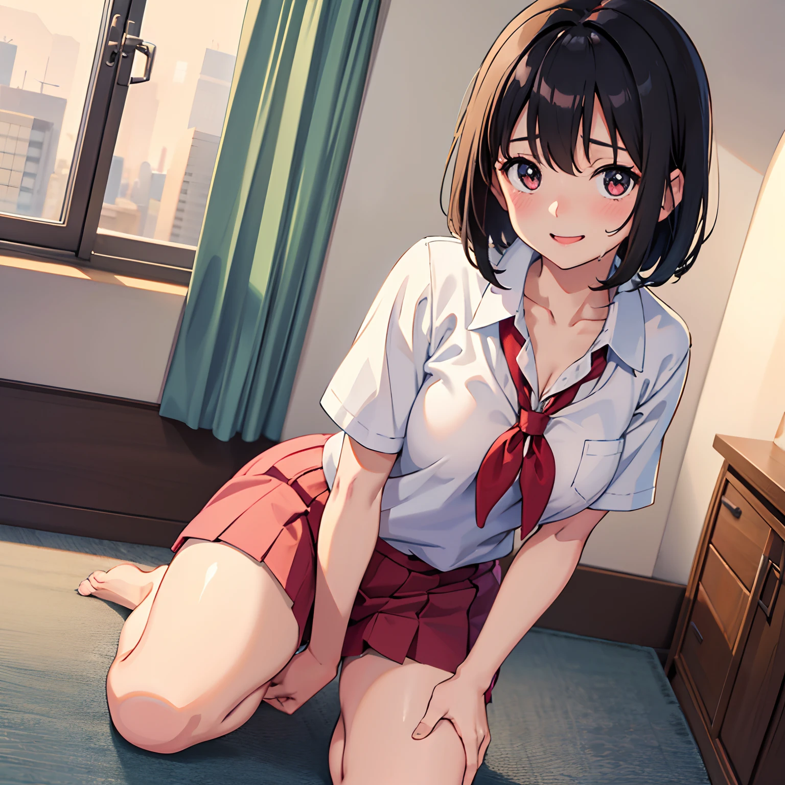 Little sister, cute bra, 8K, best quality, 16 years old, smile, looking at camera, red cheeks, (school uniform), embarrassed, delicate hands, at home, love my brother, clear liquid leaking from , black hair, bob hair, bog hair, showing off , taking off clothes and showing off , pink , ,  sticking out pose, cute pose, full body