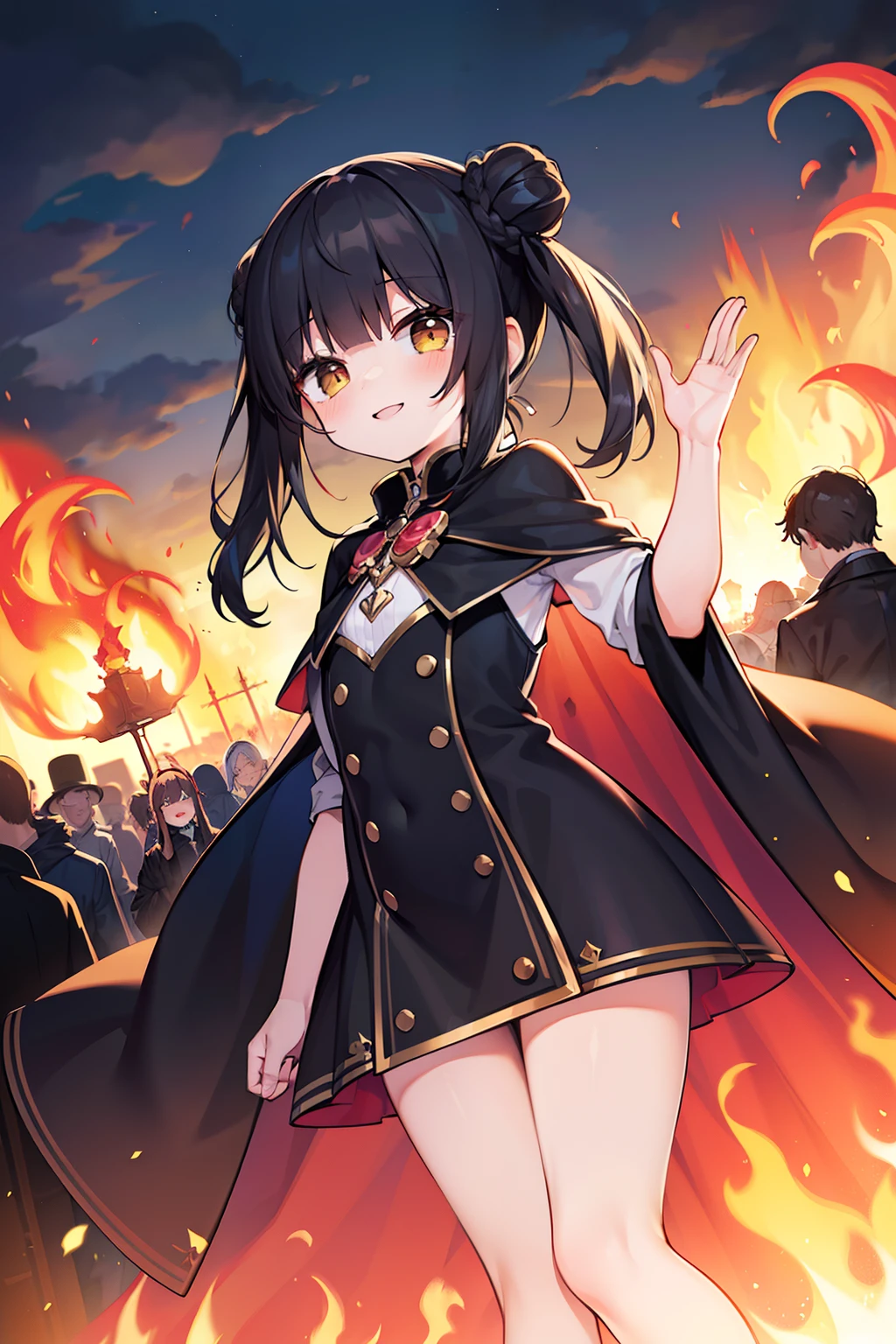 masterpiece, best quality, 1girl, solo, black hair, blunt bangs, (braided buns), ((short twintails)), yellow eyes, (((white))) long cape, black dress, ((pink inside the fabric)), lower one's back, ((bowing down)), burning town, smoke of fire, cloudy weather, smiling