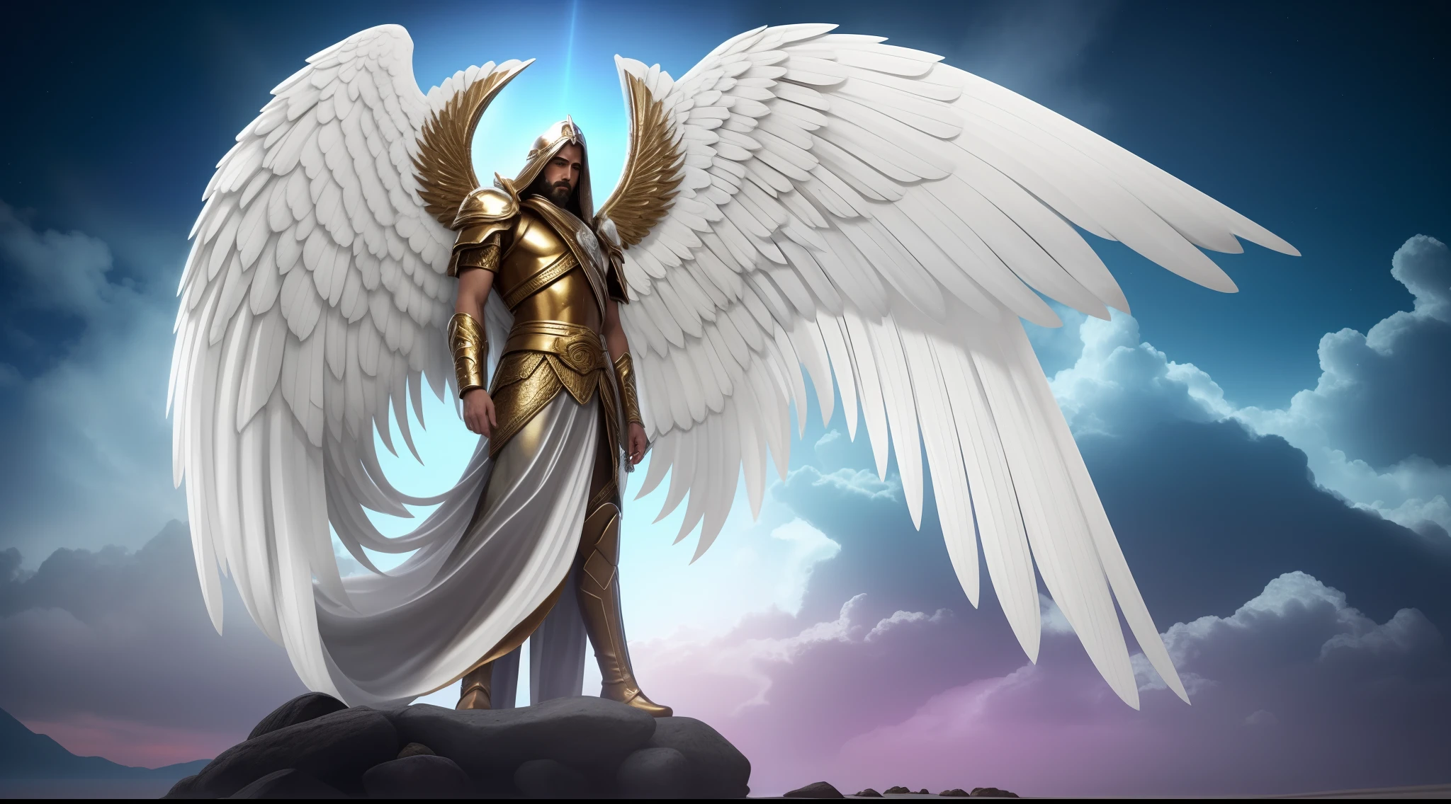 anjo masculino de deus, anjo masculino com barba, barba cheia, barba grande, anjo masculino, The angel of God's army, Golden Army, decente, bem vestido, tunic, aramadura, Rosto detalhado, army, face sem defeito, Normal face, tempestade, Towards the Heavens, celestial, divino, fotorrealista, renderizado, 4k, 8k, texturas detalhadas, sombras detalhadas, decente, cores detalhadas, anjo masculino de deus, Contraste realista, Texturas fotorrealistas, cores detalhadas, cores realistas, sombras detalhadas, pernas normais, detalhes fotorrealistas, nitidez detalhada, nitidez realistas, textura ultra hd, 8k resolution, fogo, fire, Thunders, Electric, sky,