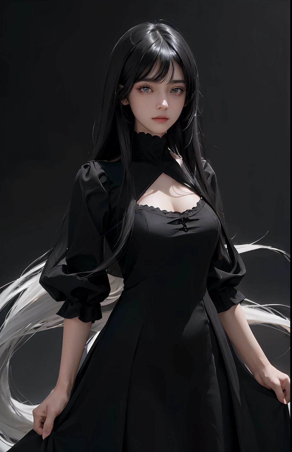 (Ultra Realistic), (Illustration), (Increased Resolution), (8K), (Extremely Detailed), (Best Illustration), (Beautiful and Detailed Eyes), (Best Quality), (Ultra Detailed), (Masterpiece ), ( wallpaper), (detailed face), solo, 1 girl, looking at viewer, fine details, detailed face, in the dark, deep shadows, low key, pureerosfaceace_v1, smiling, long hair, black shawl straight hair , 46 points oblique bangs, masterpiece, best quality, 35mm, 8k, absurdres, beautiful girl, (upper body, dark grey background:1.4), (black classical dress, black hair:1.6), slender, dark studio, rim lighting, ultra realistic, highres, photography, film grain, chromatic aberration, depth of field, sharp focus, HDR, facelight, dynamic lighting, cinematic lighting, professional shadow, dark shadow, highest detailed, extreme detailed, ultra detailed, finely detail, real skin, delicate facial features, detailed face and eyes, sharp pupils, realistic pupils, long black hair with bangs, black hair top, white hair undercolor, Split Hair Two Tone , Split Hair Two Tone black and white color hair,black hair, white hair, mix hair color,green eyes, white hair  emerald eyes. white hair