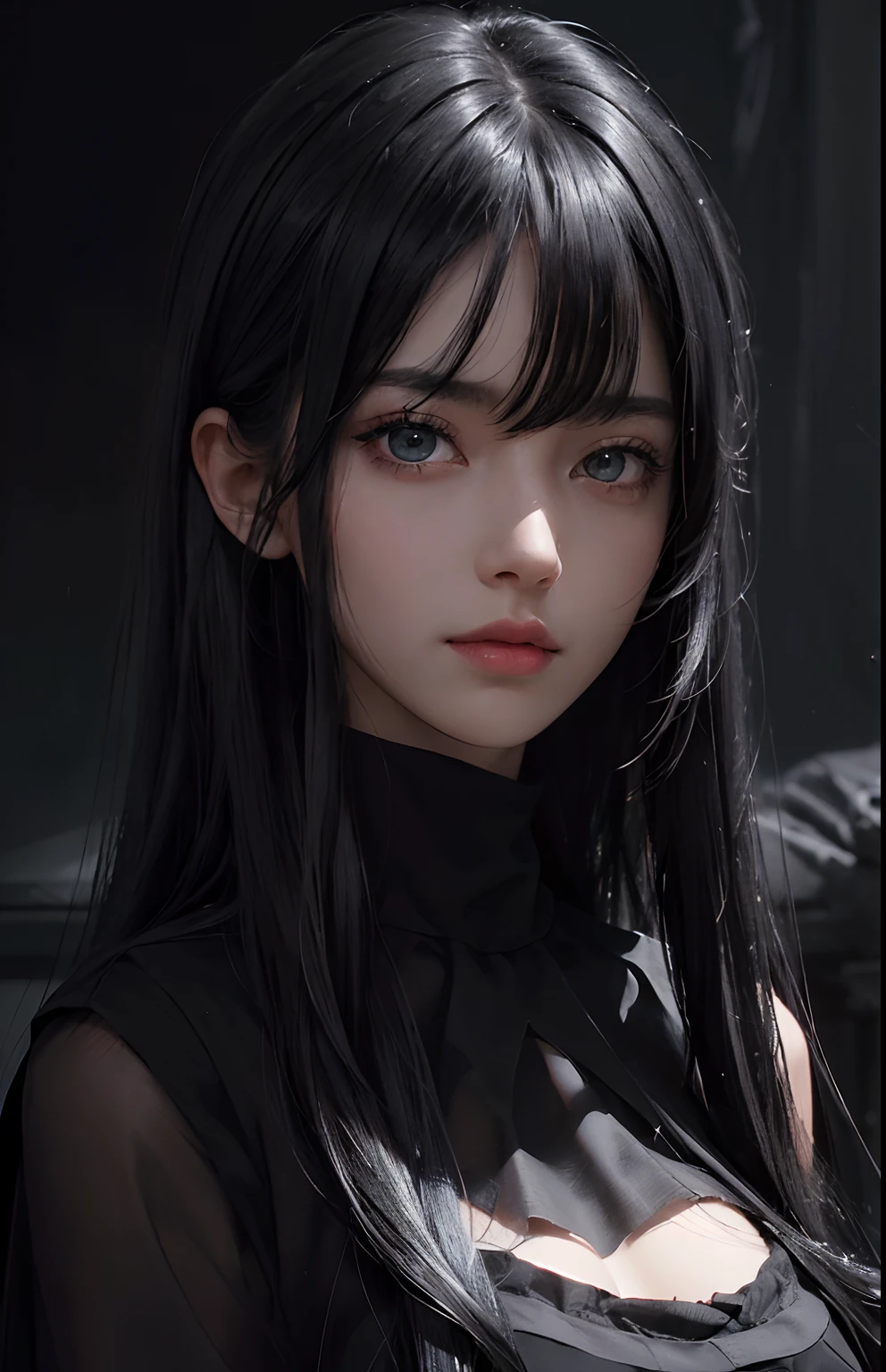 A close up of a woman with long black hair and a black blouse - SeaArt AI