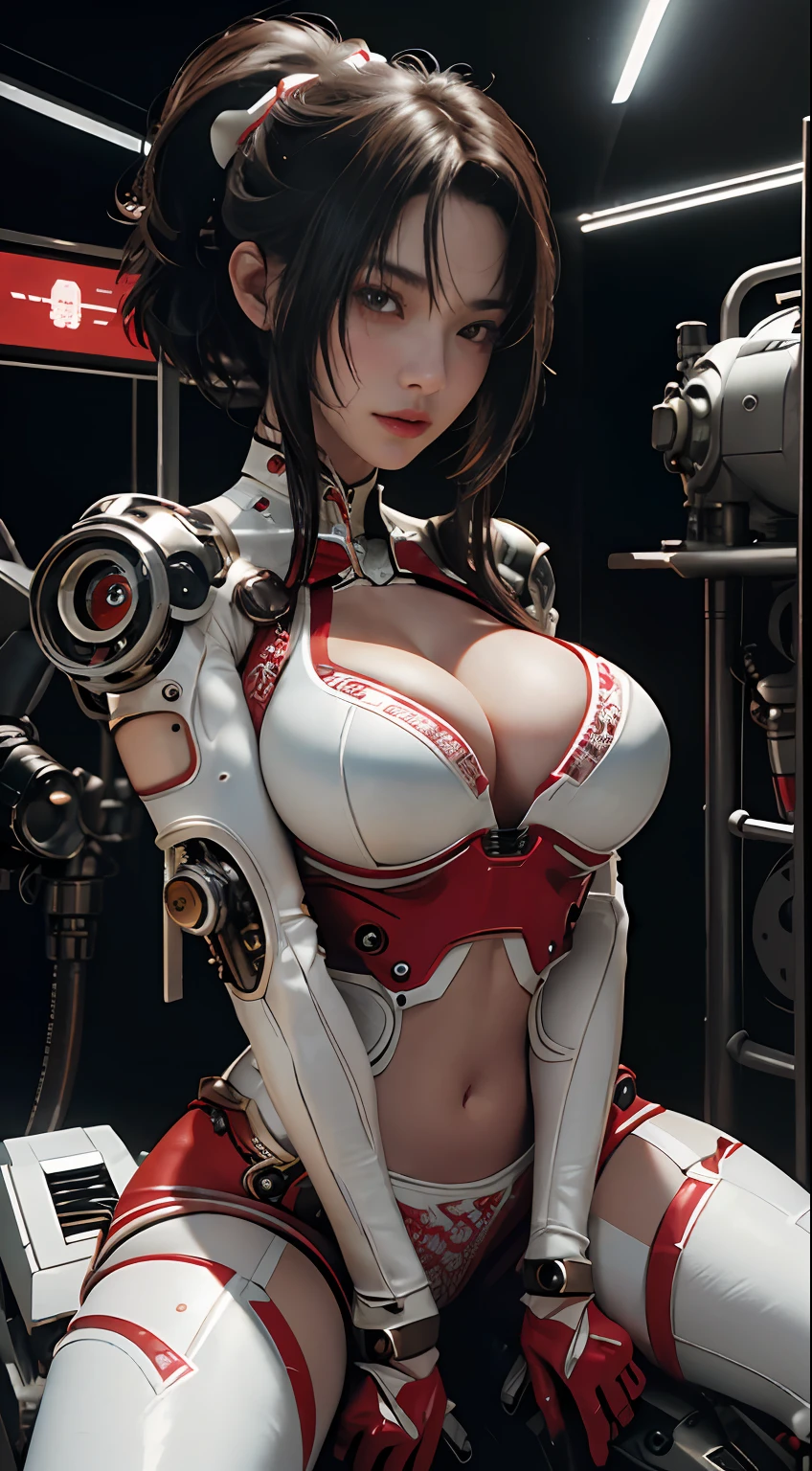 Highest quality, outstanding detail, super high resolution, (fidelity: 1.4), best illustration, favor details, close-up, a mecha girl with a delicate and beautiful face, ((red and white semi-mechanical body: 1.8)), (big breast: 1.2), sexy, belly button, cleavage, riding on a motorcycle, cyberpunk, futuristic, mechanical aesthetics, complex machinery, background is a high-tech lighting scene of the futuristic city, virtual engine 5, perfect detail rendering, octane rendering, ultra HD