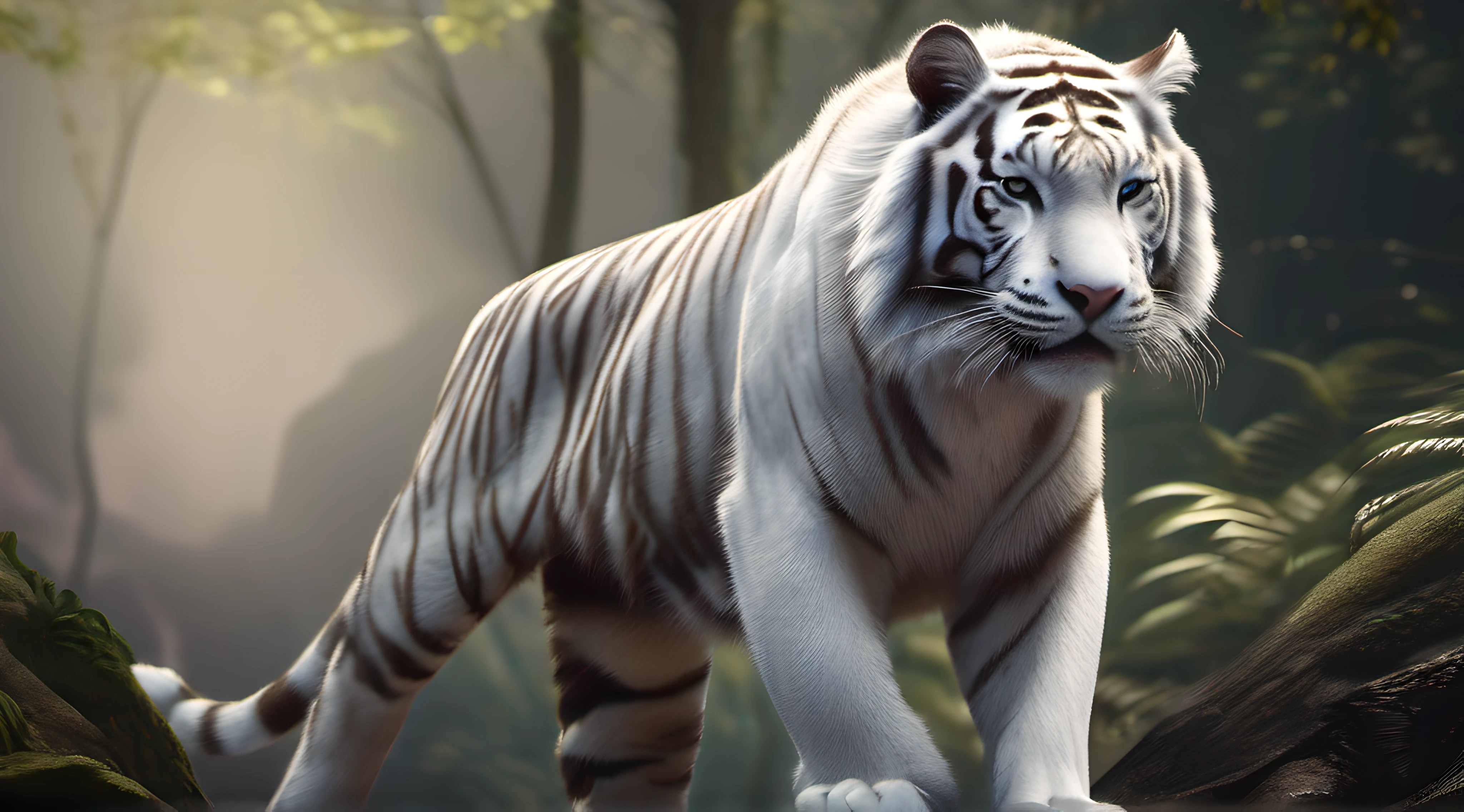 A white tiger 8K looks at the camera, This tiger looks powerful, He looked like he was going up the hill, He has a very nice mane, delicate textures, Strong muscle lines, very pretty eyes, Woods Special volcanic rocks