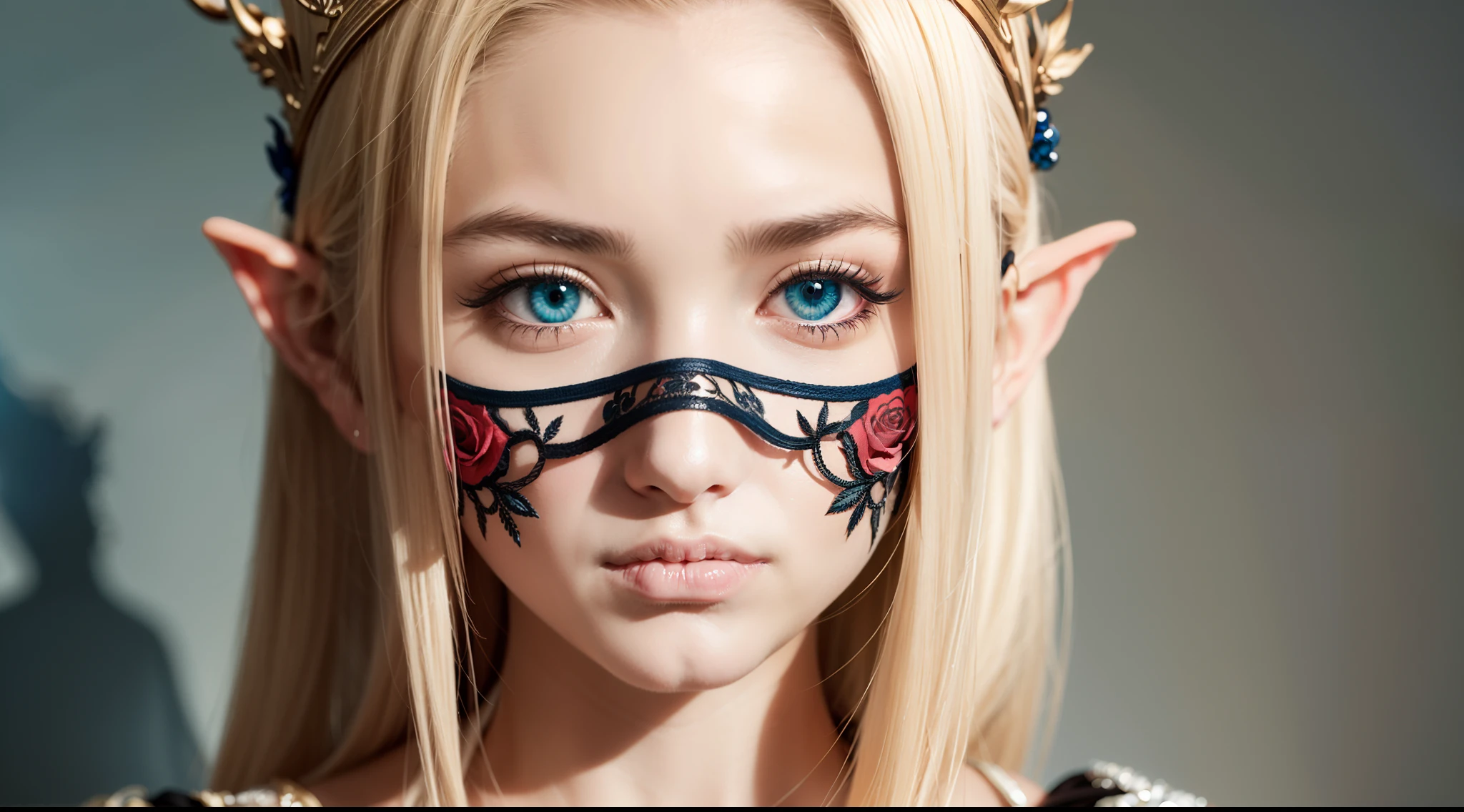Rose-patterned masks are elaborately depicted,Delicate skin,Blue charming eyes,watered eyes,Blonde hair,elvish ears,Silvery crown,Soft light and shadow,best quality wallpaper,ultra HD picture quality。